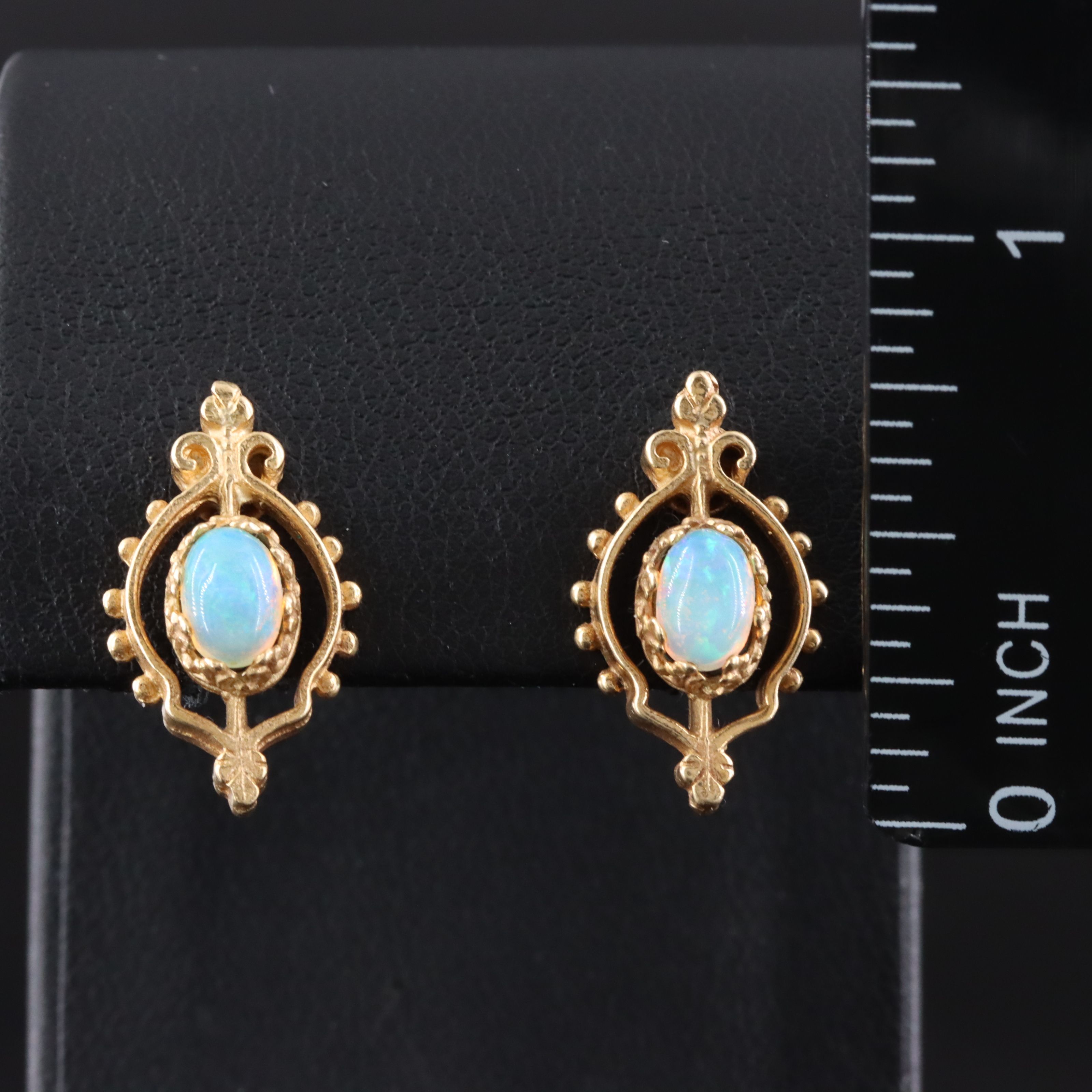 14K Opal Earrings in a Fleur-de-Lis Motif Setting