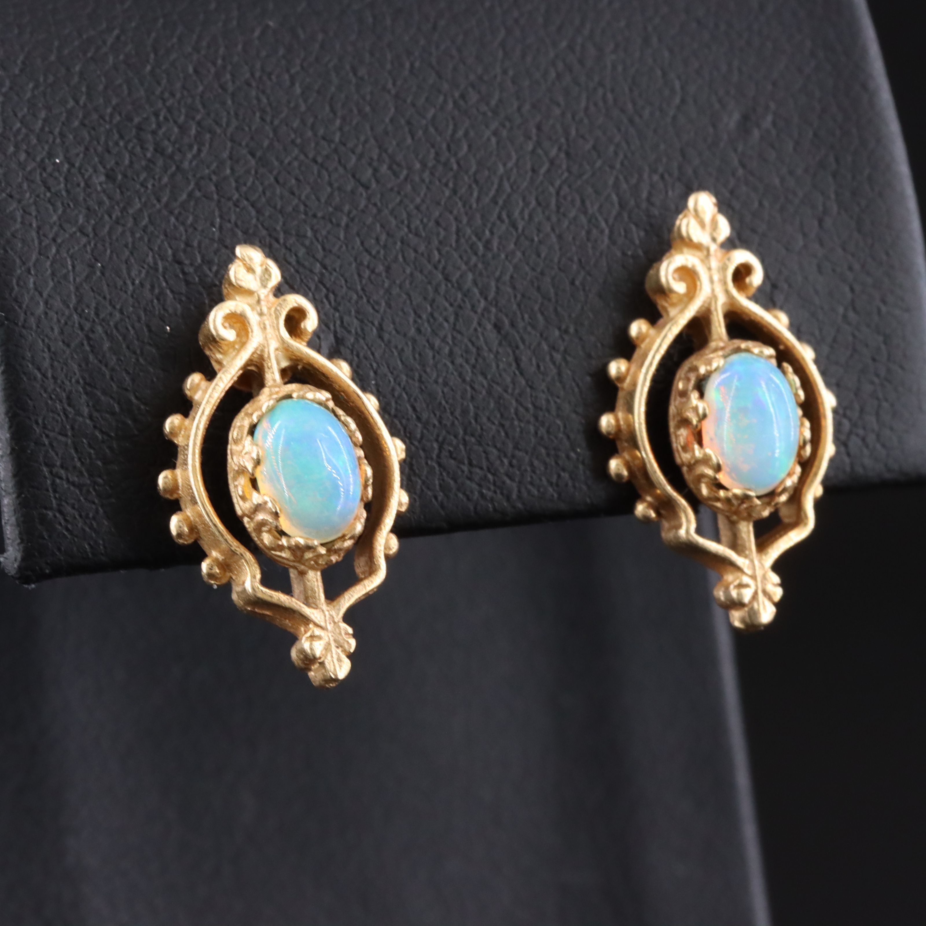 14K Opal Earrings in a Fleur-de-Lis Motif Setting