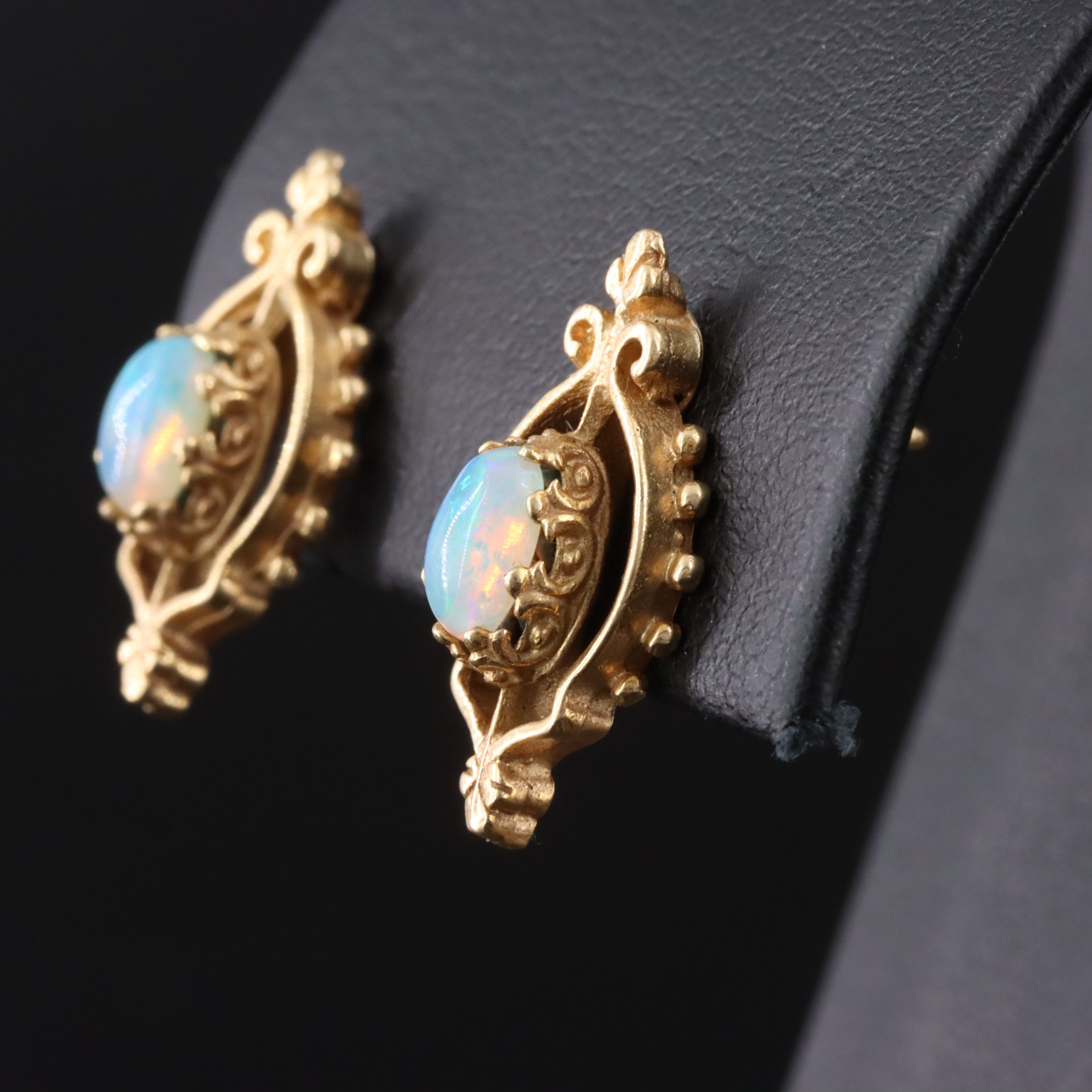 14K Opal Earrings in a Fleur-de-Lis Motif Setting