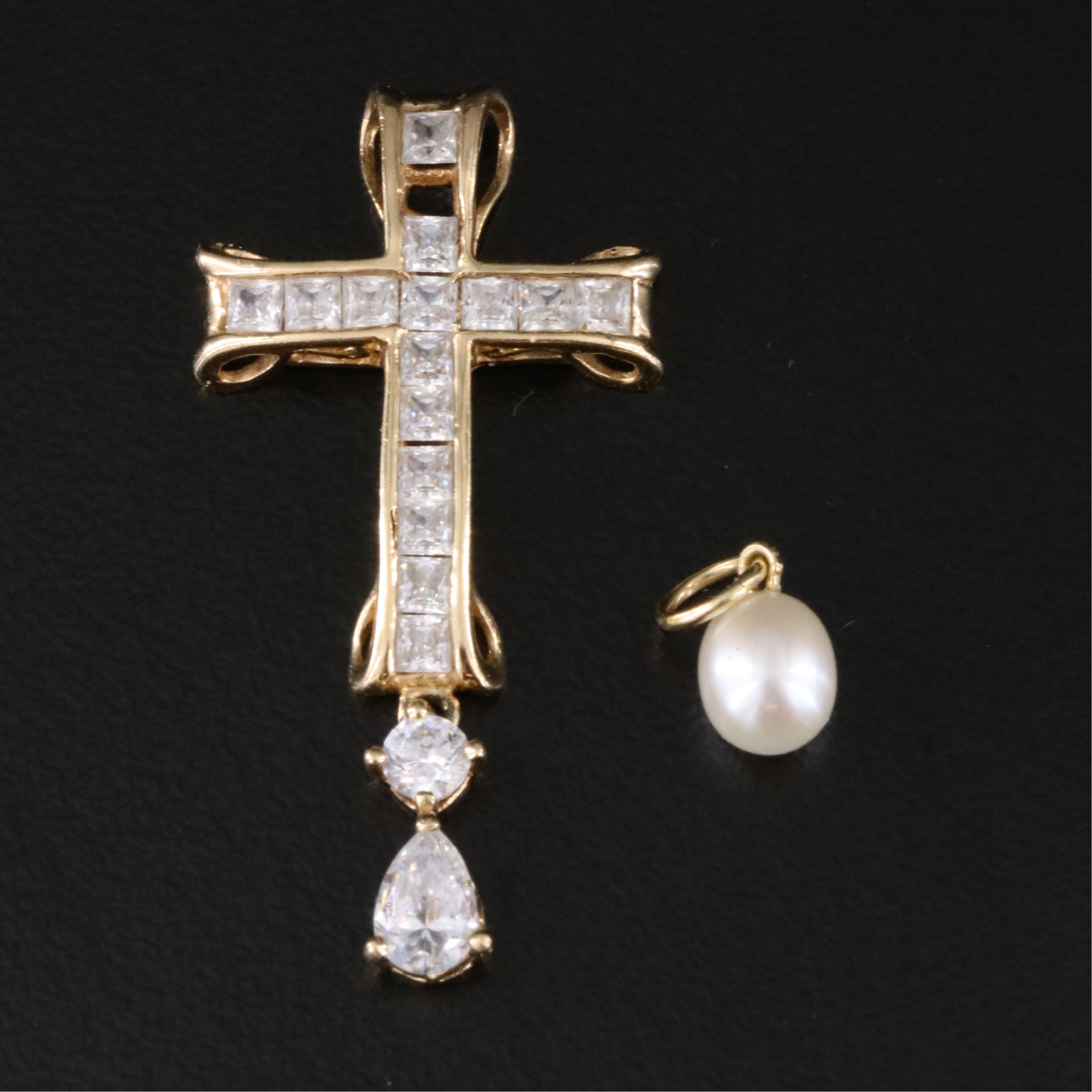 14K CZ Cross and  Pearl Pendants