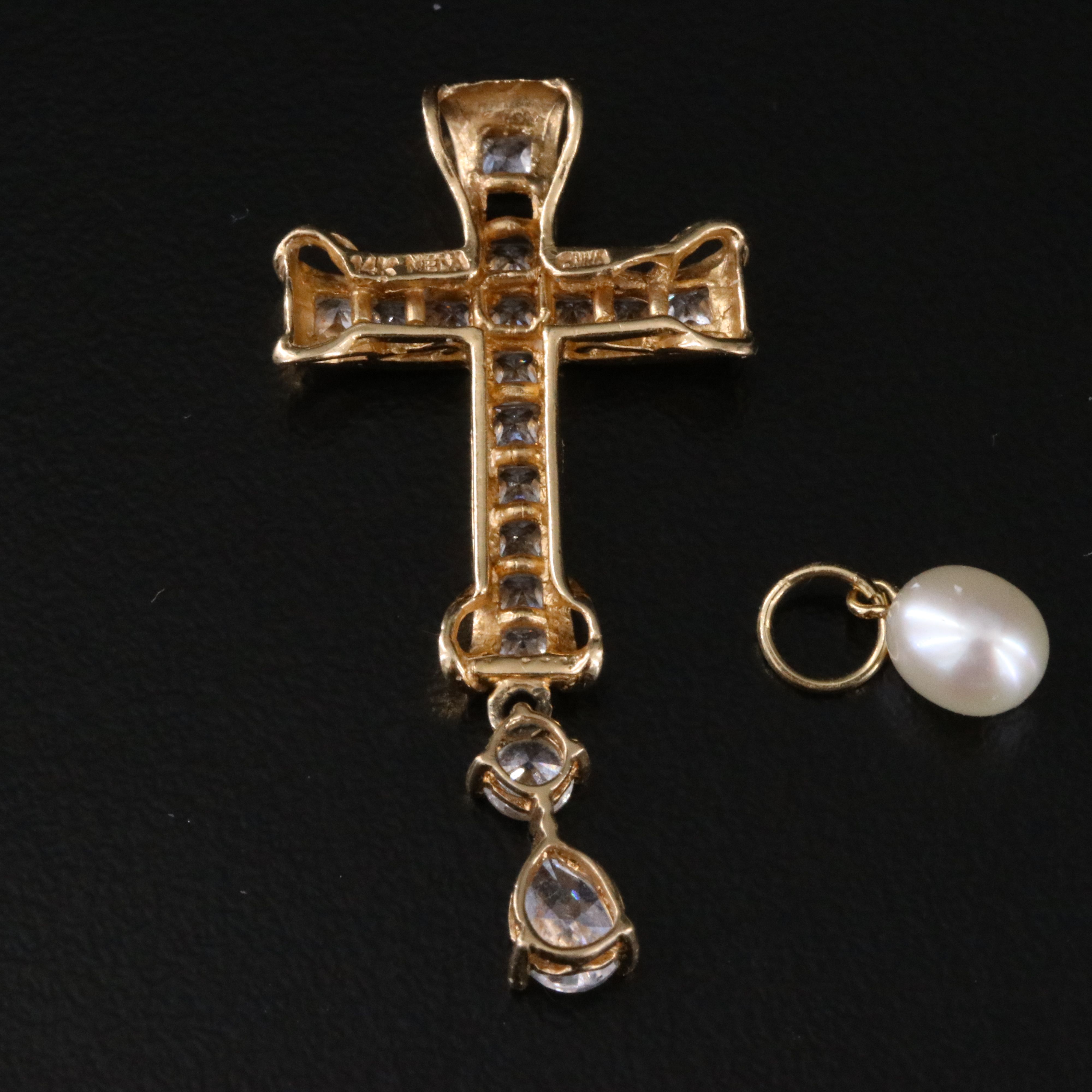 14K CZ Cross and  Pearl Pendants