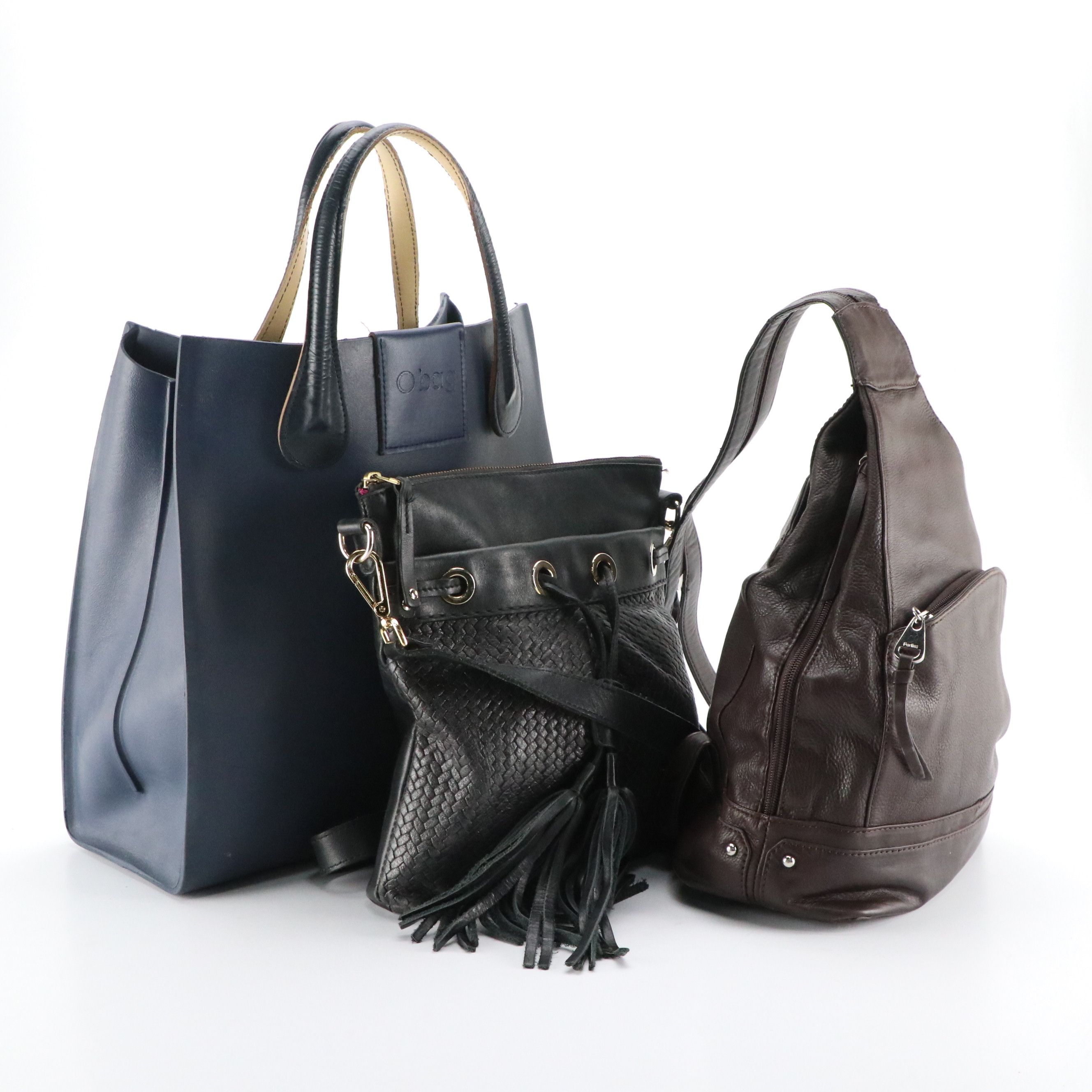 Perlina Brown Leather Sling Bag, Obag Rubber Top Handle Tote, Roots Crossbody