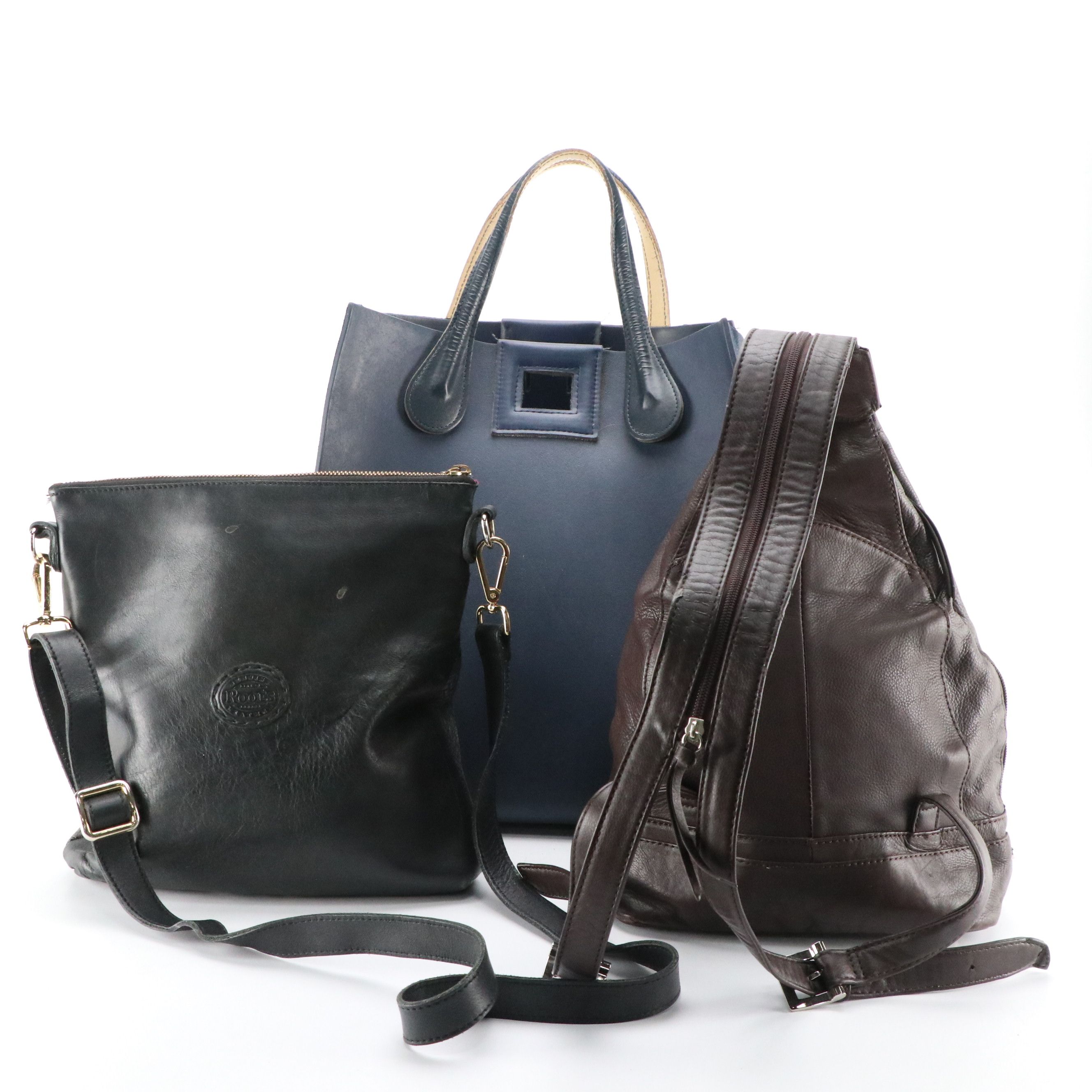 Perlina Brown Leather Sling Bag, Obag Rubber Top Handle Tote, Roots Crossbody