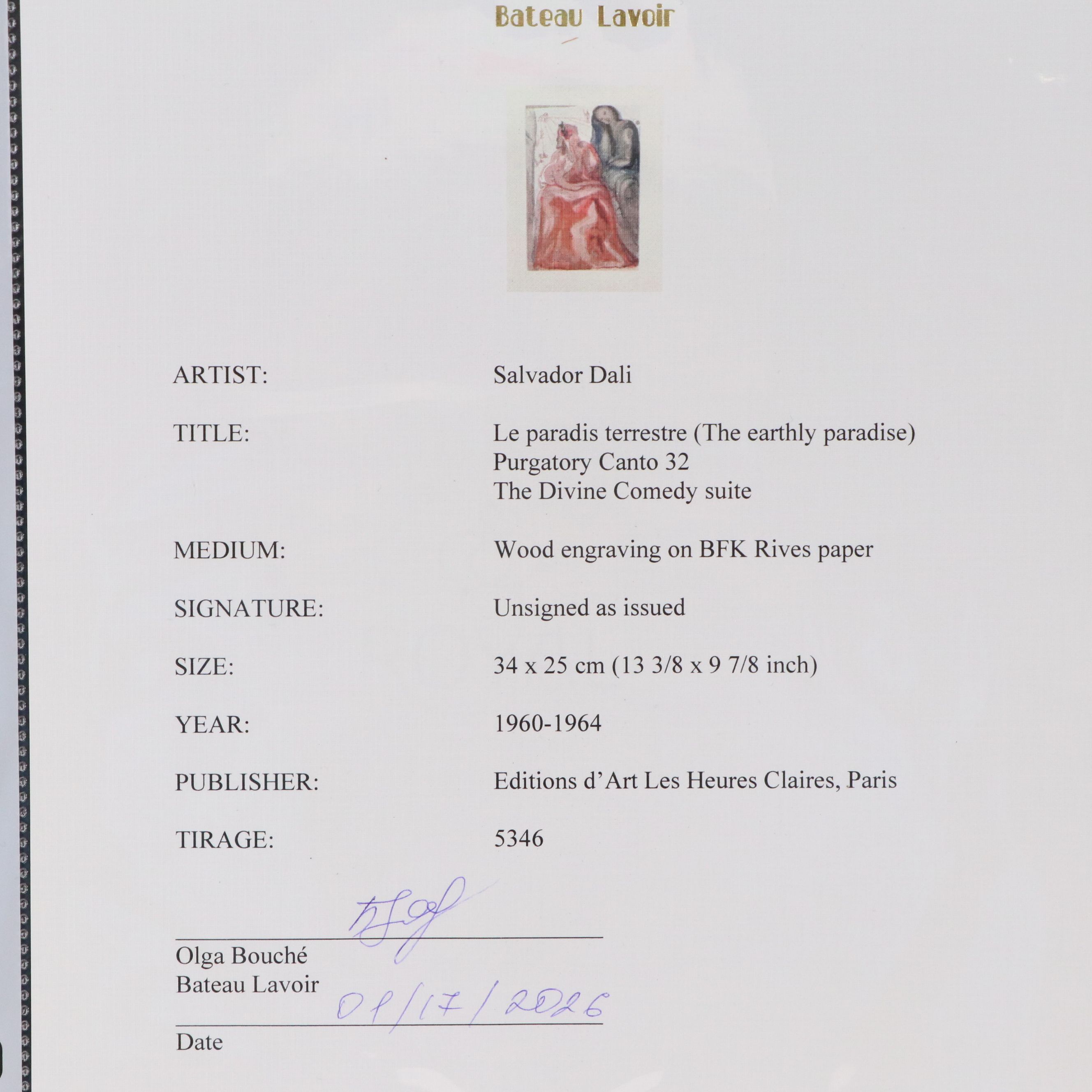 Salvador Dalí Wood Engraving "Le Paradis Terrestre," 1960 - 1964
