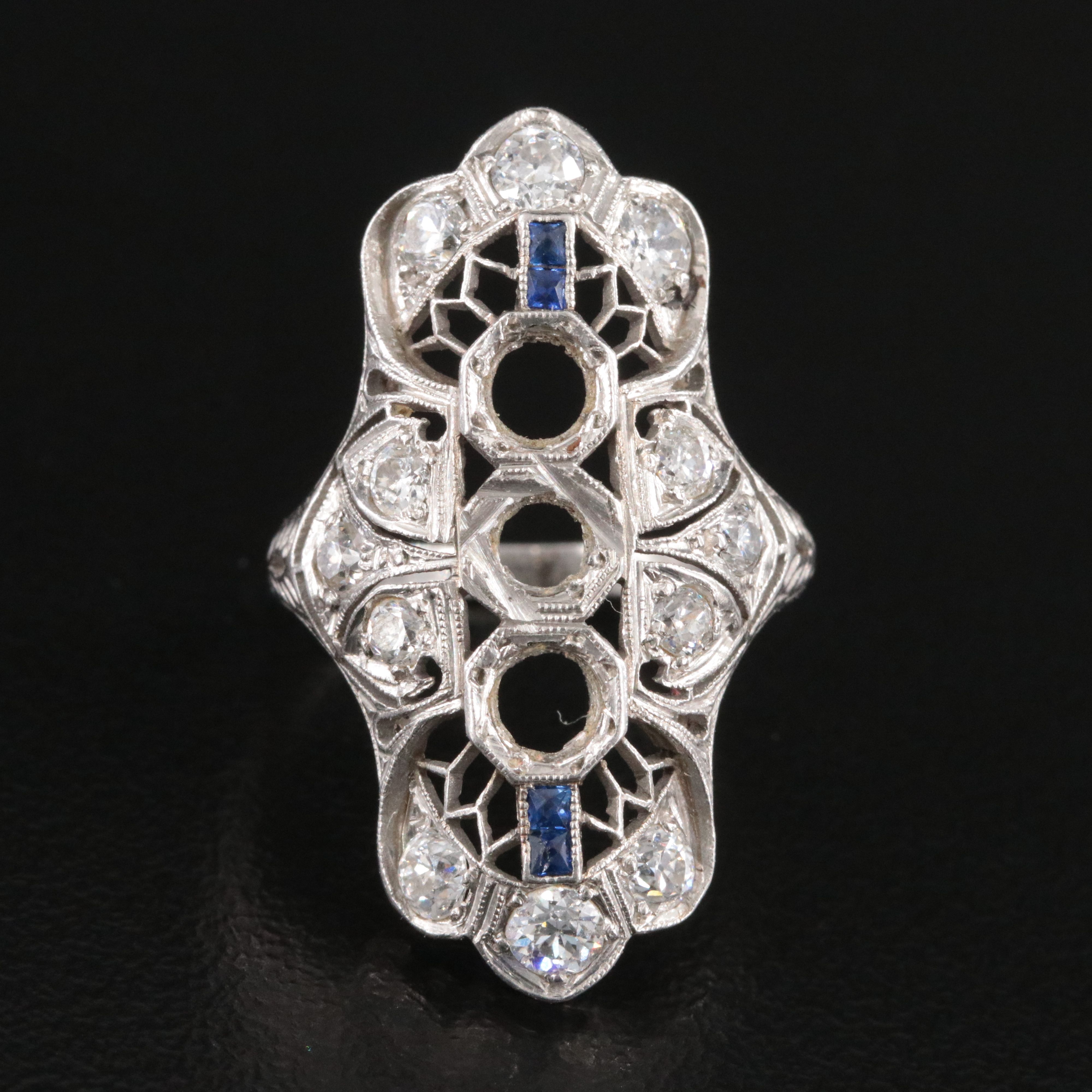 Art Deco Platinum 0.72 CTW Diamond and Sapphire Vertical Semi-Mount Ring