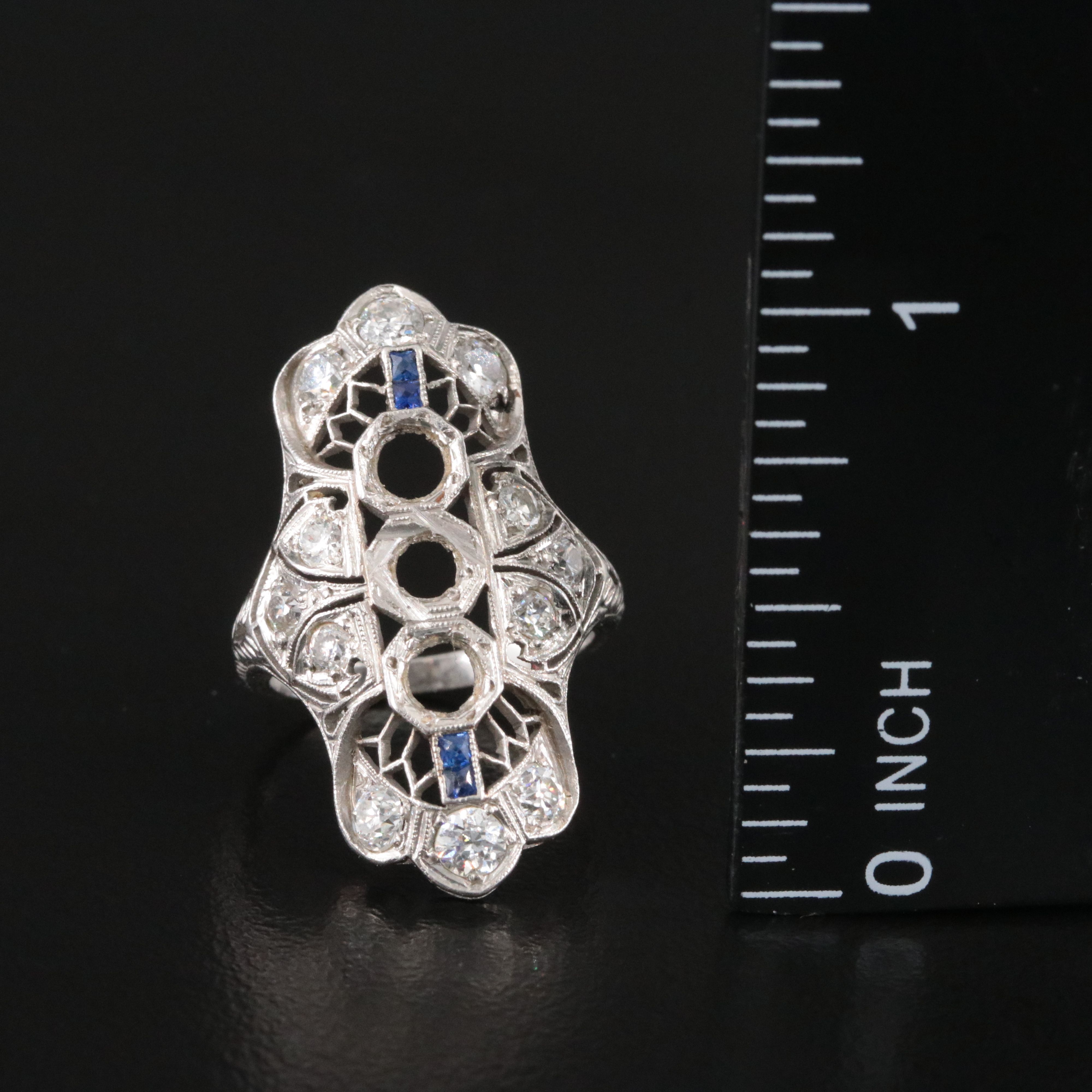 Art Deco Platinum 0.72 CTW Diamond and Sapphire Vertical Semi-Mount Ring