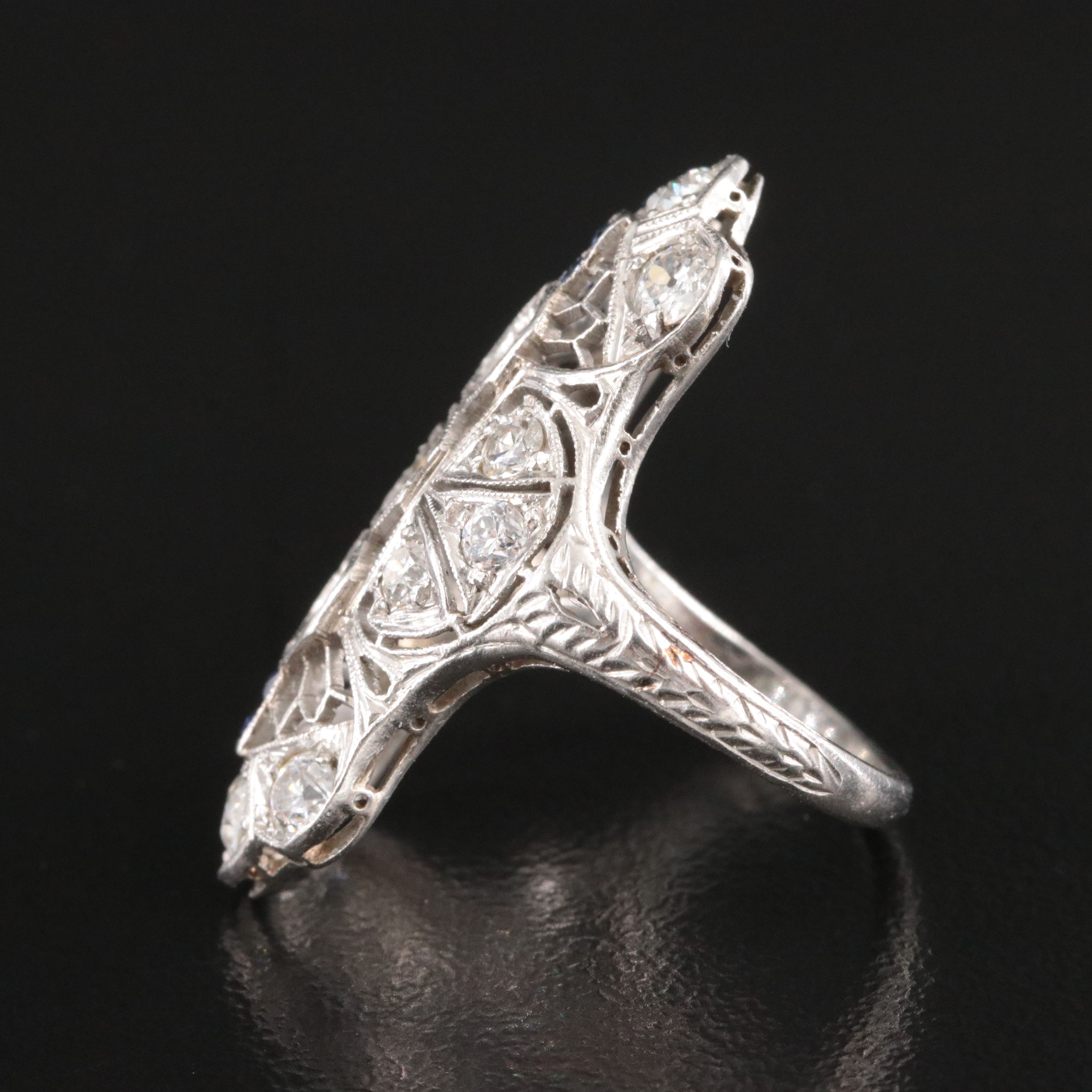 Art Deco Platinum 0.72 CTW Diamond and Sapphire Vertical Semi-Mount Ring