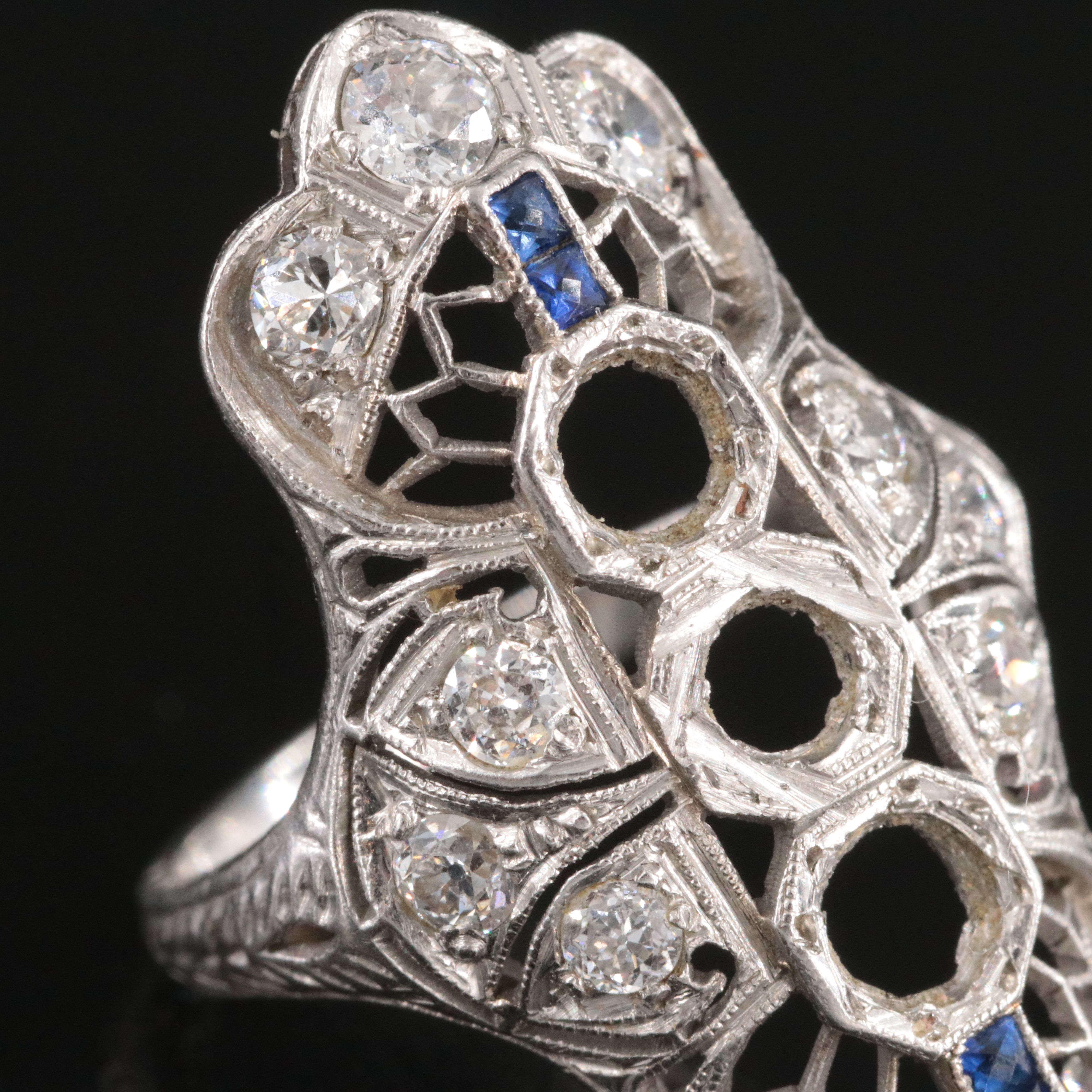 Art Deco Platinum 0.72 CTW Diamond and Sapphire Vertical Semi-Mount Ring