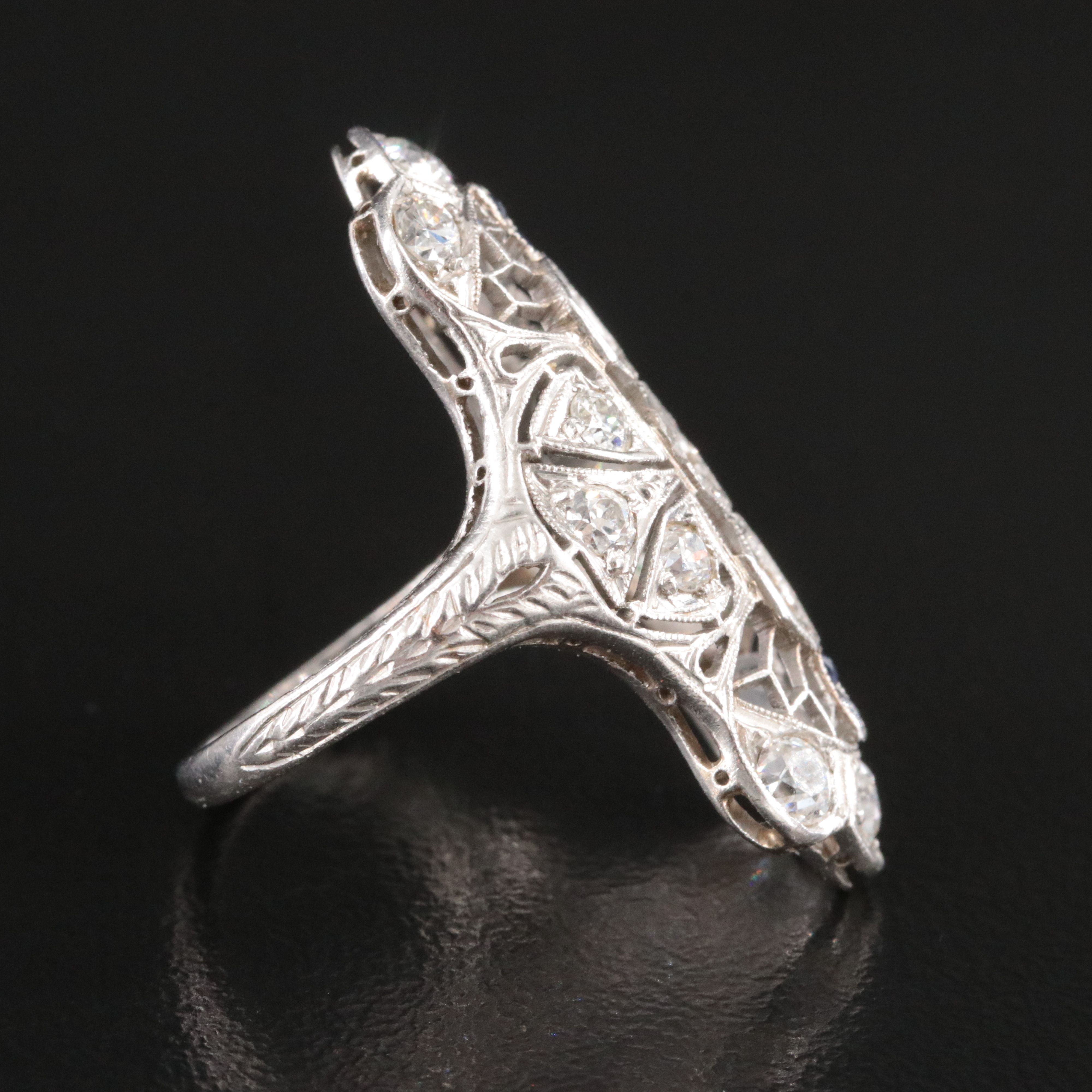 Art Deco Platinum 0.72 CTW Diamond and Sapphire Vertical Semi-Mount Ring