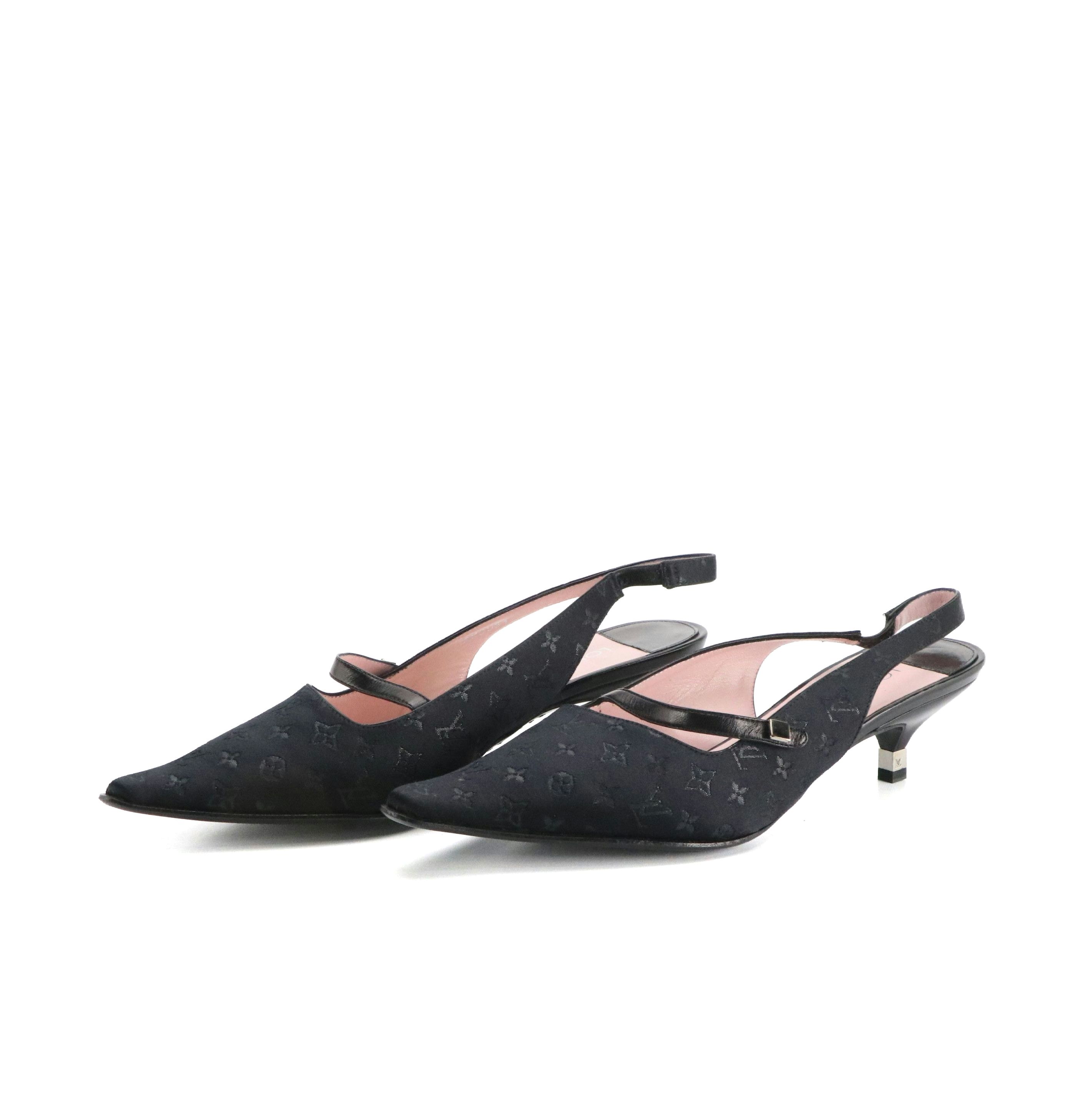 Louis Vuitton Black Monogram and Leather Kitten Heel Slingbacks with Box