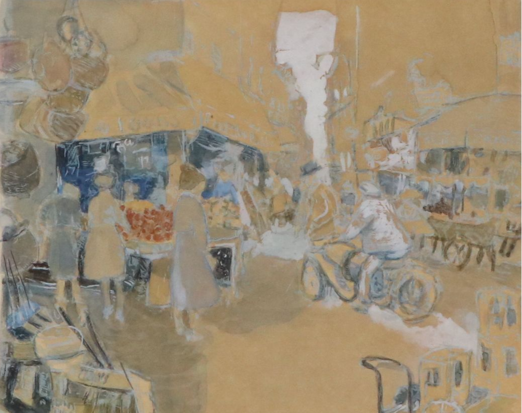 Annie Cardin Gouache Painting "Rue Mouffetard," 20th Century