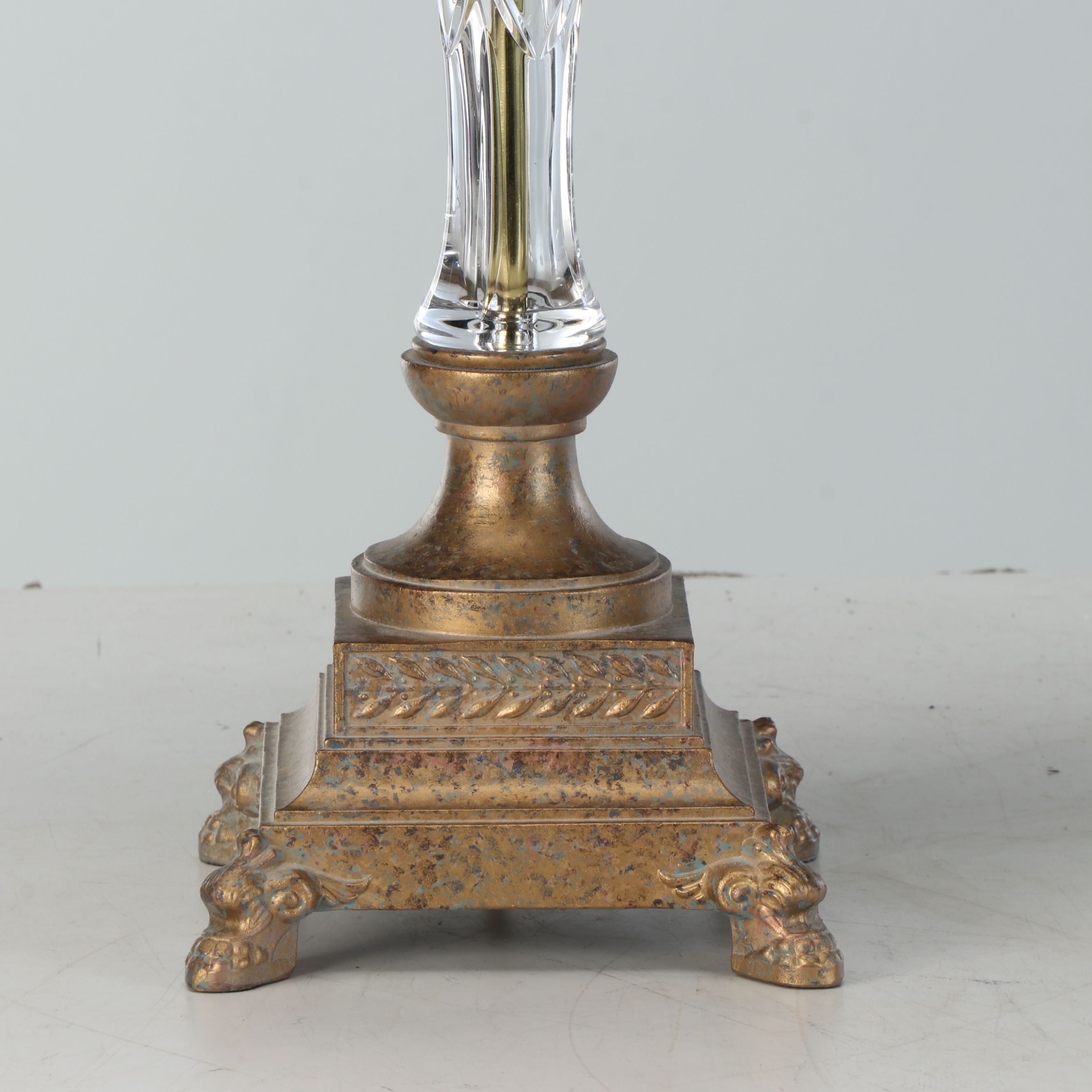 Neoclassical Style Gold Finish Metal and Crystal Table Lamps with Cotton Shades