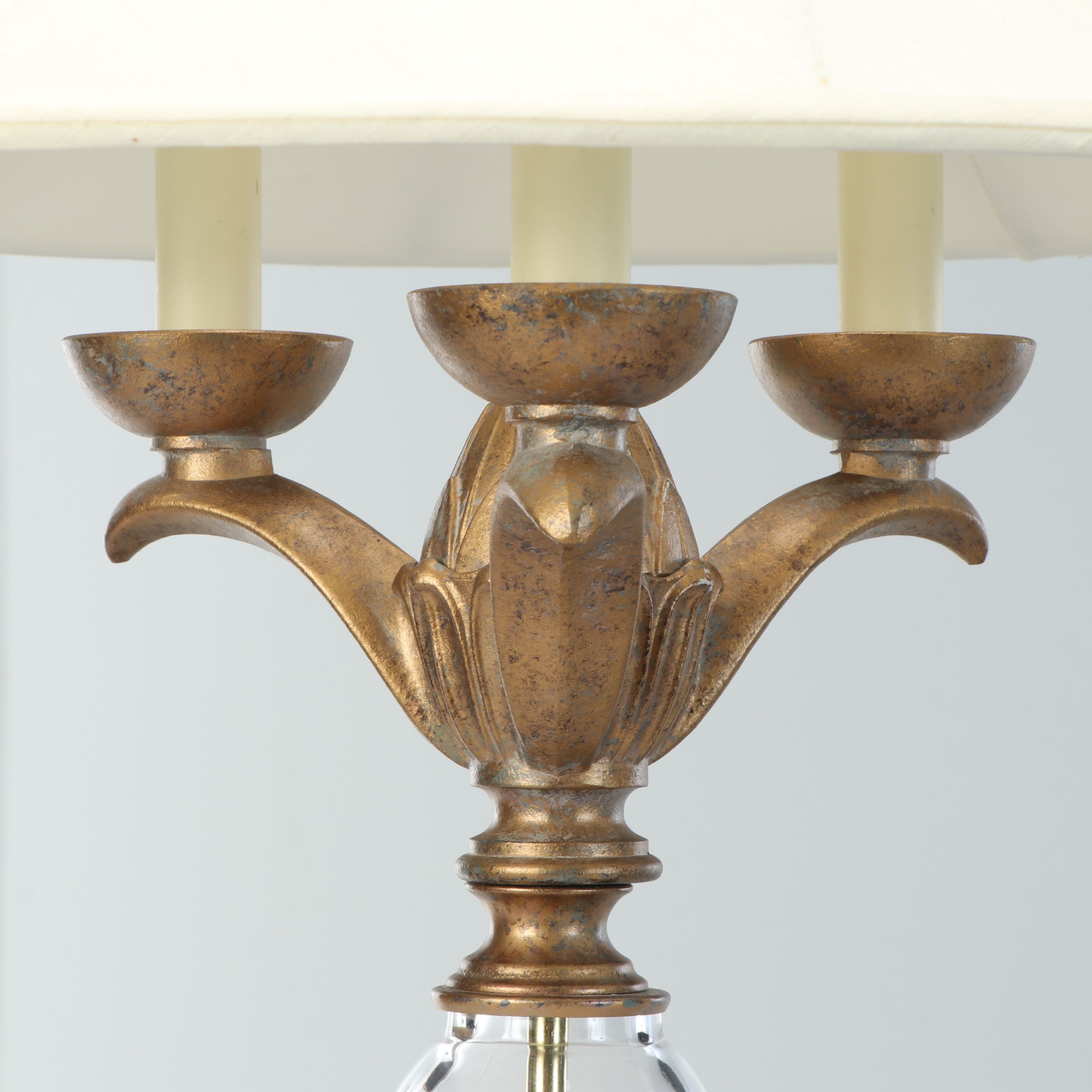 Neoclassical Style Gold Finish Metal and Crystal Table Lamps with Cotton Shades
