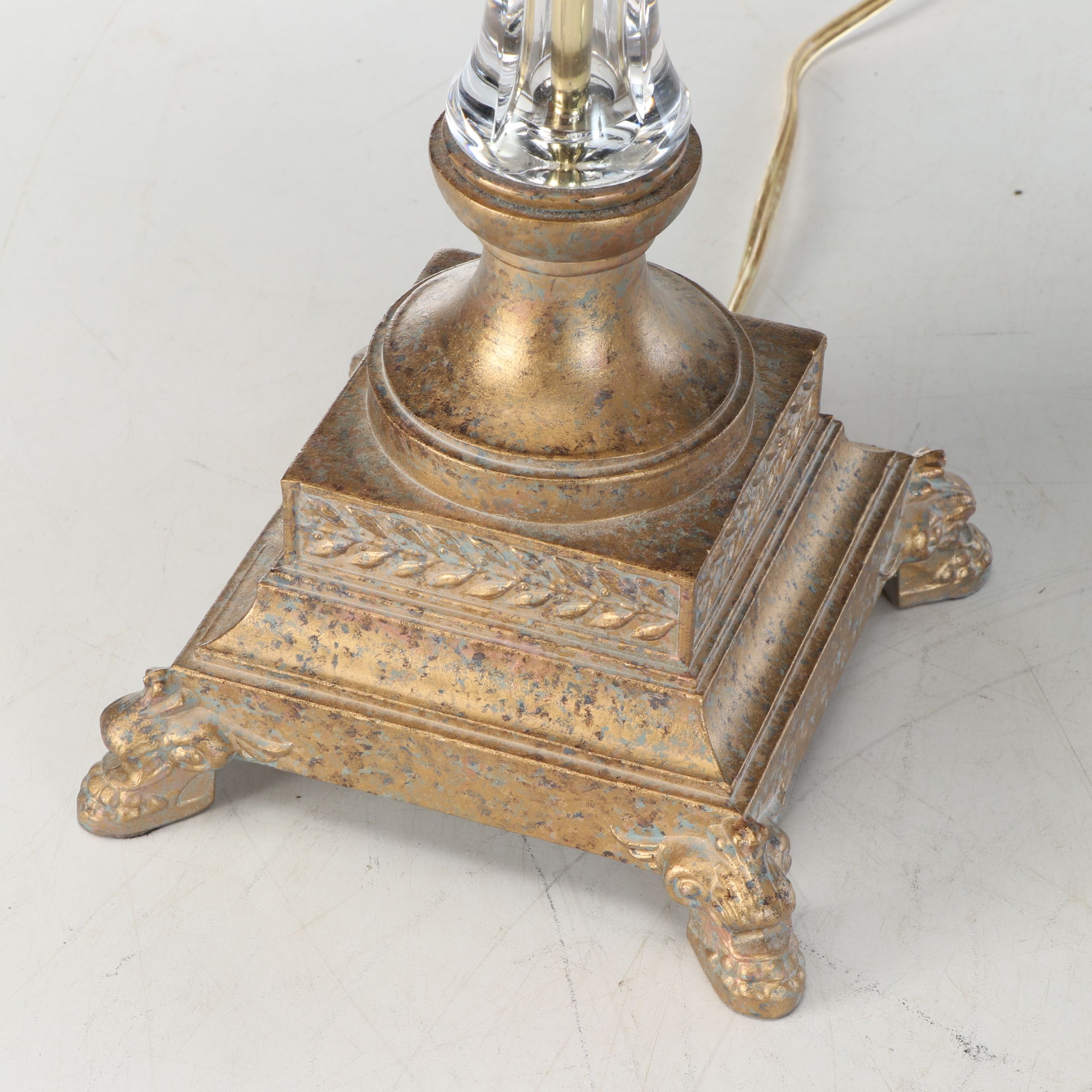 Neoclassical Style Gold Finish Metal and Crystal Table Lamps with Cotton Shades