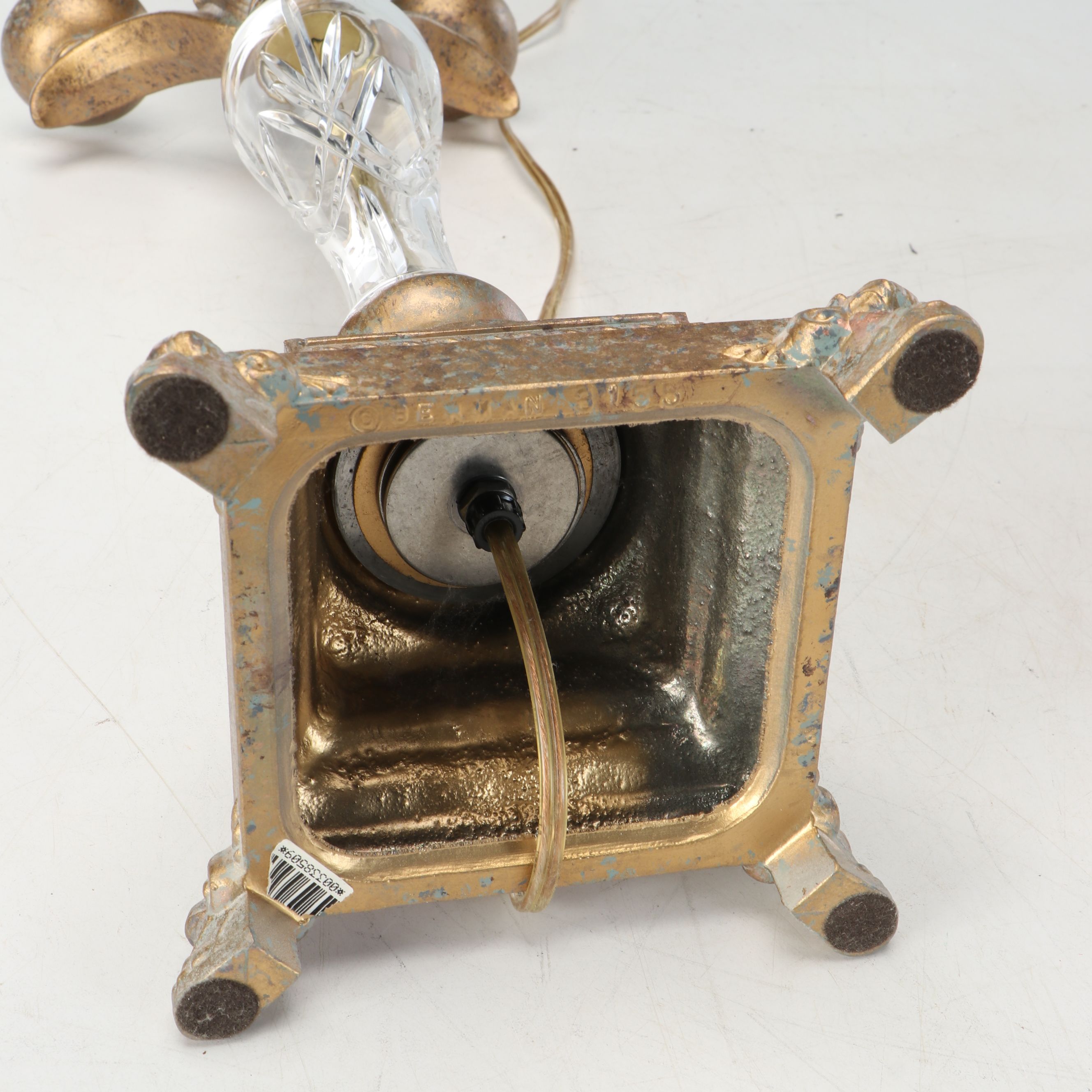 Neoclassical Style Gold Finish Metal and Crystal Table Lamps with Cotton Shades