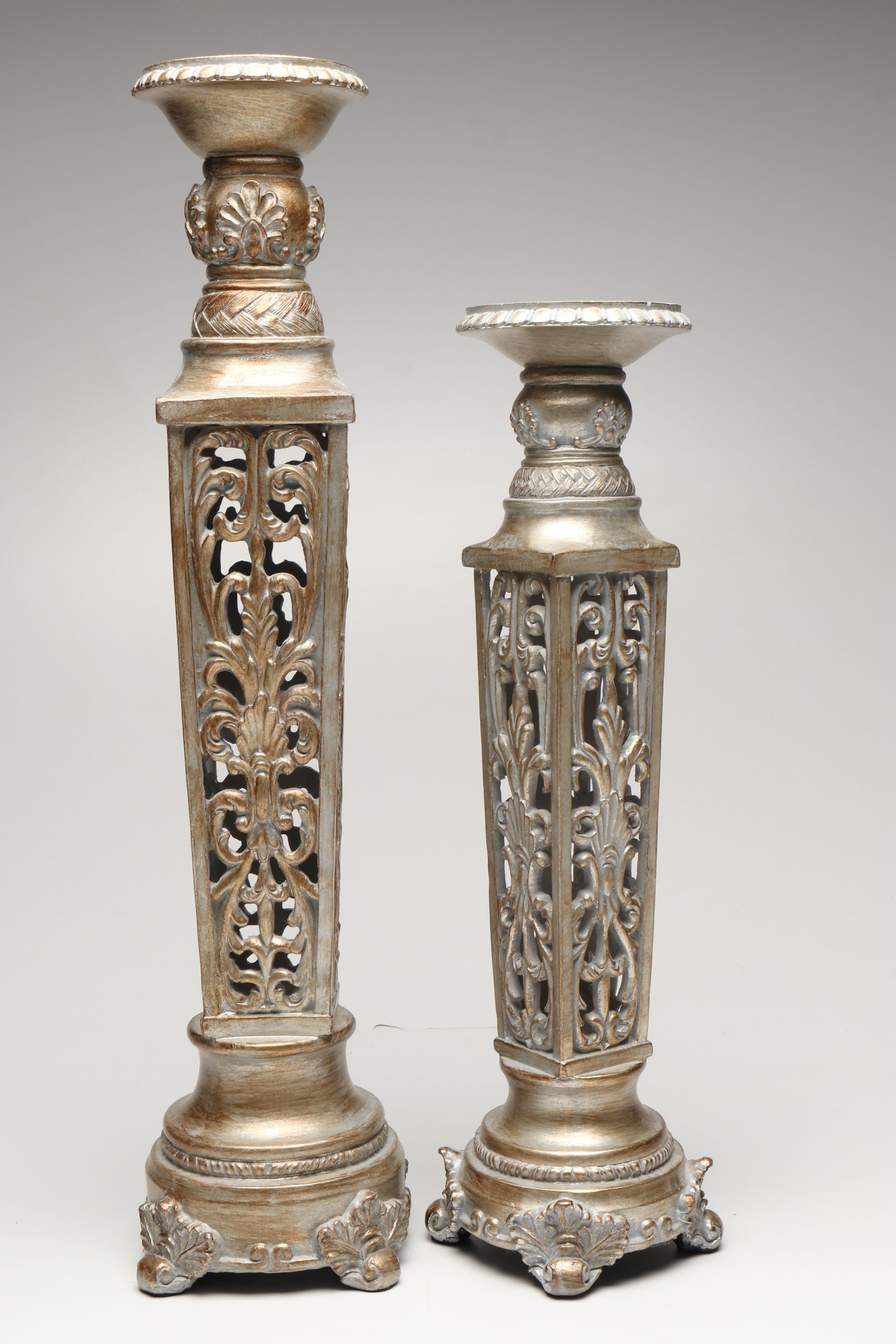 Contemporary Metallic Finish Resin Candle Holders with Lidded Orb and Platter