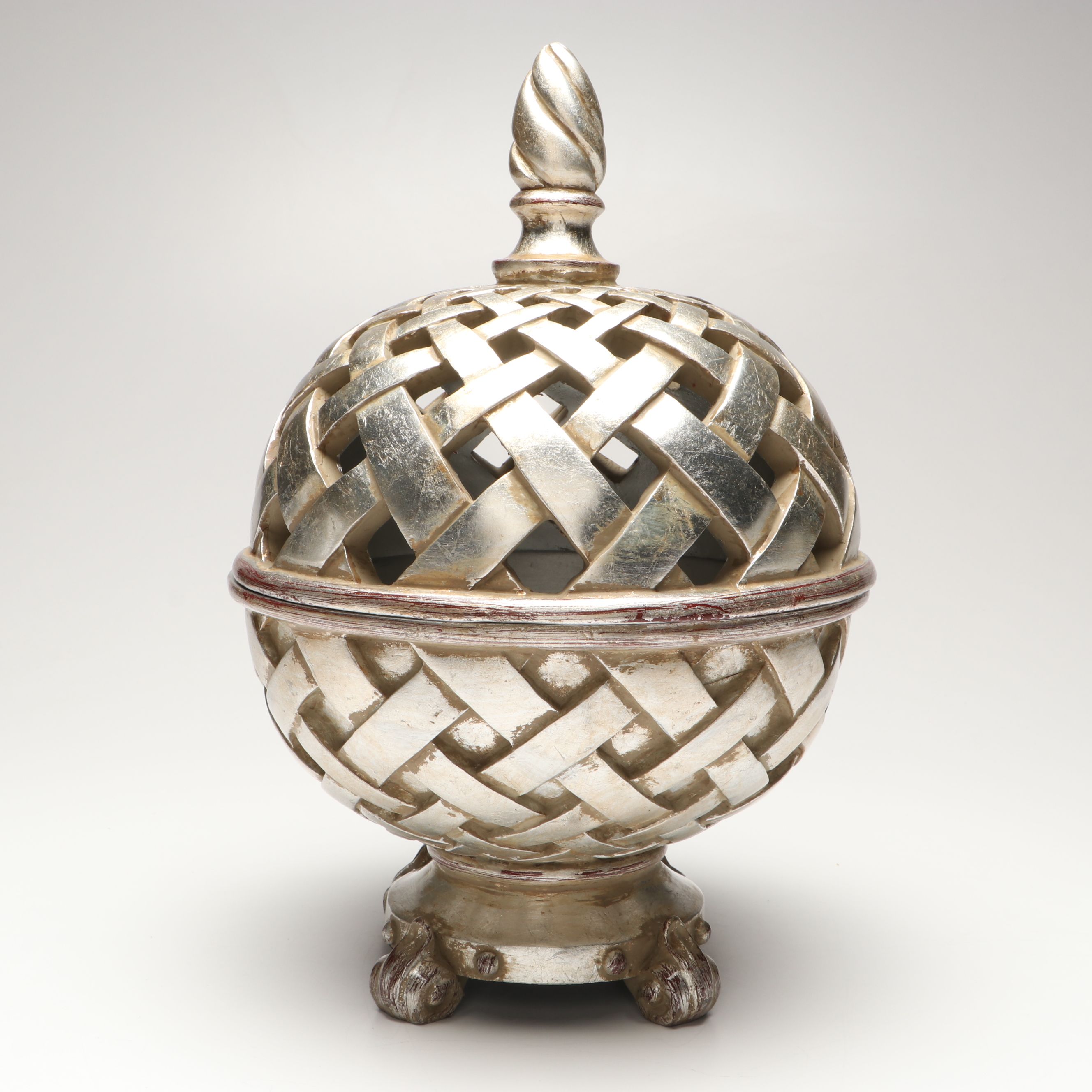 Contemporary Metallic Finish Resin Candle Holders with Lidded Orb and Platter