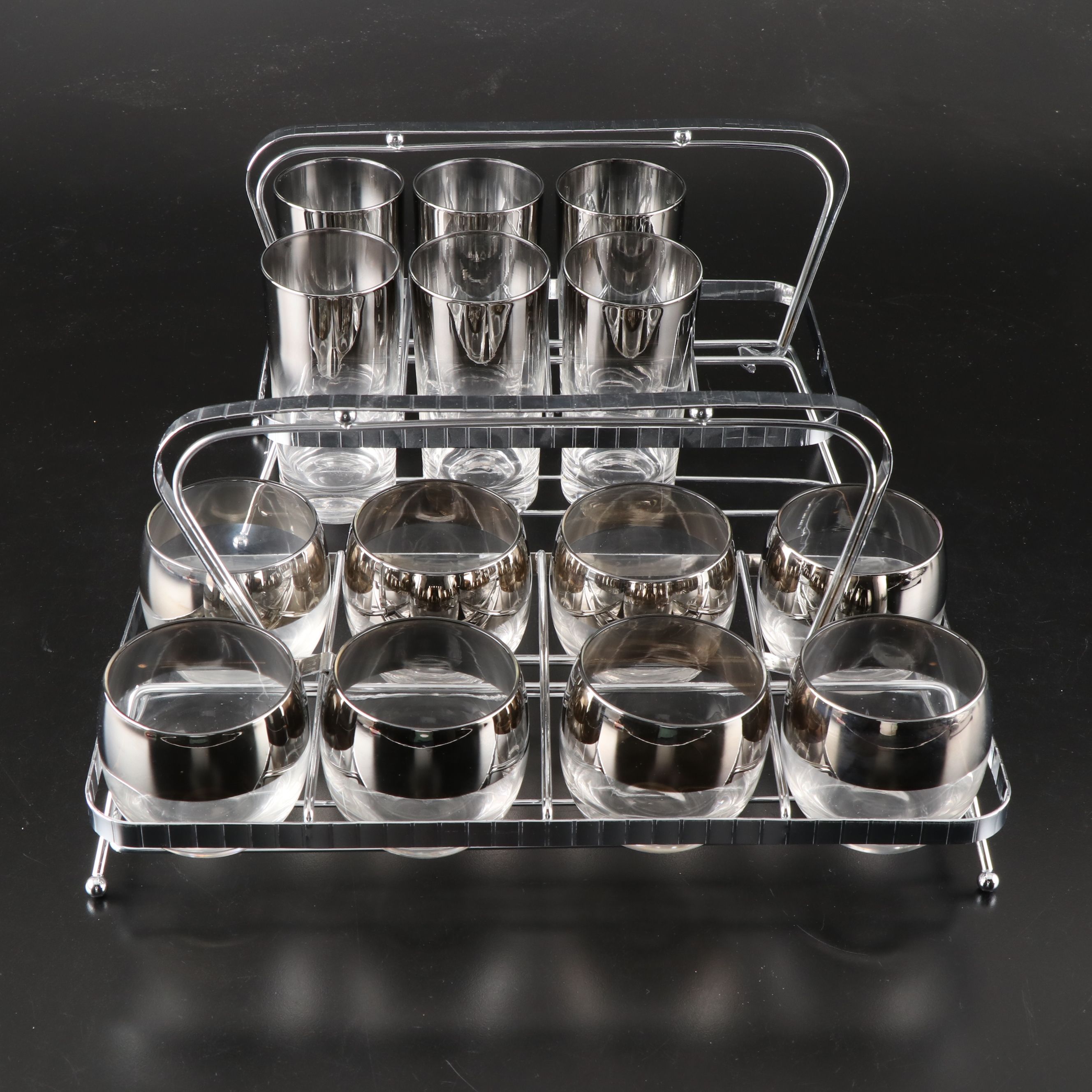 Mid Century Modern Dorothy Thorpe Style Roly Poly and Highball Glasses in Caddy