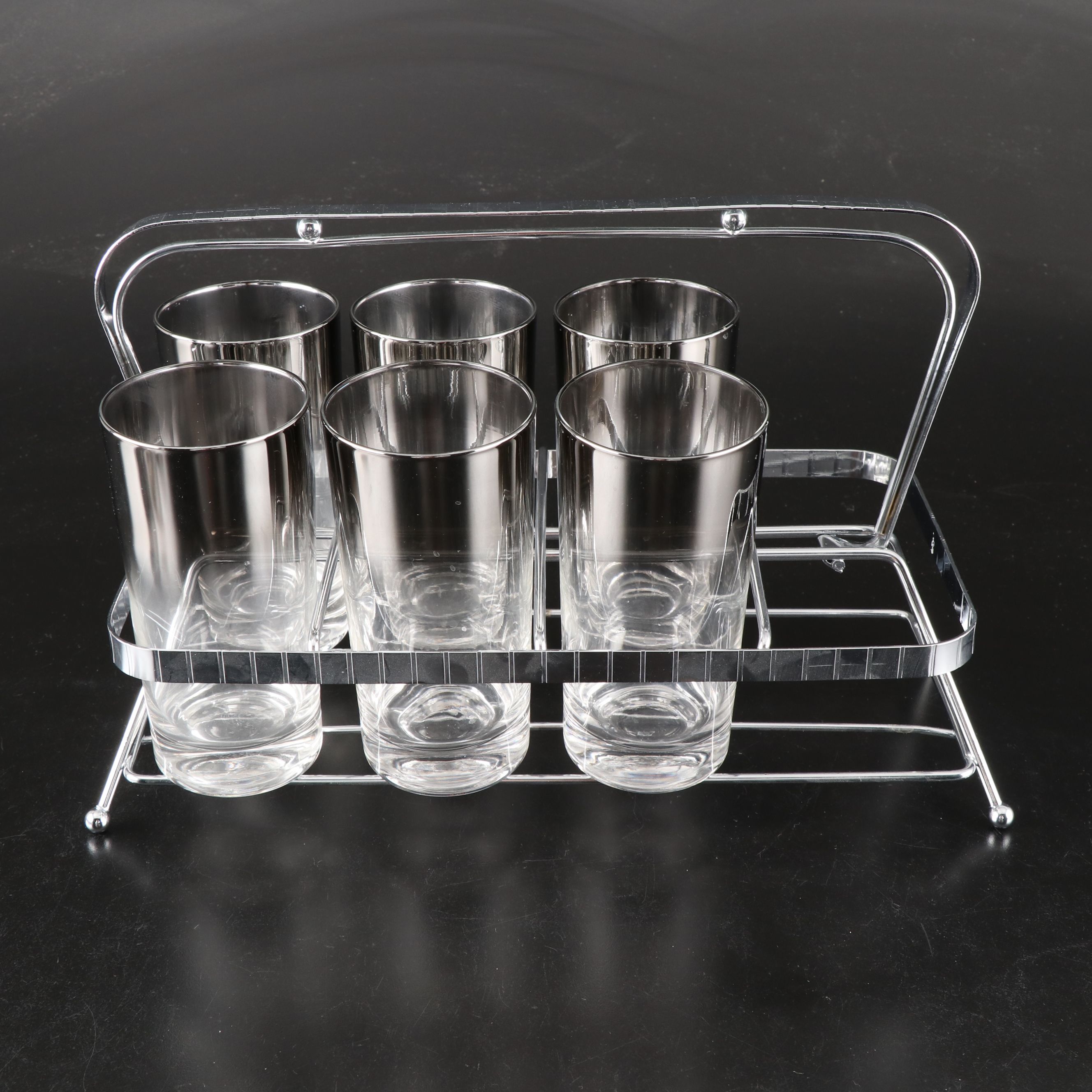 Mid Century Modern Dorothy Thorpe Style Roly Poly and Highball Glasses in Caddy