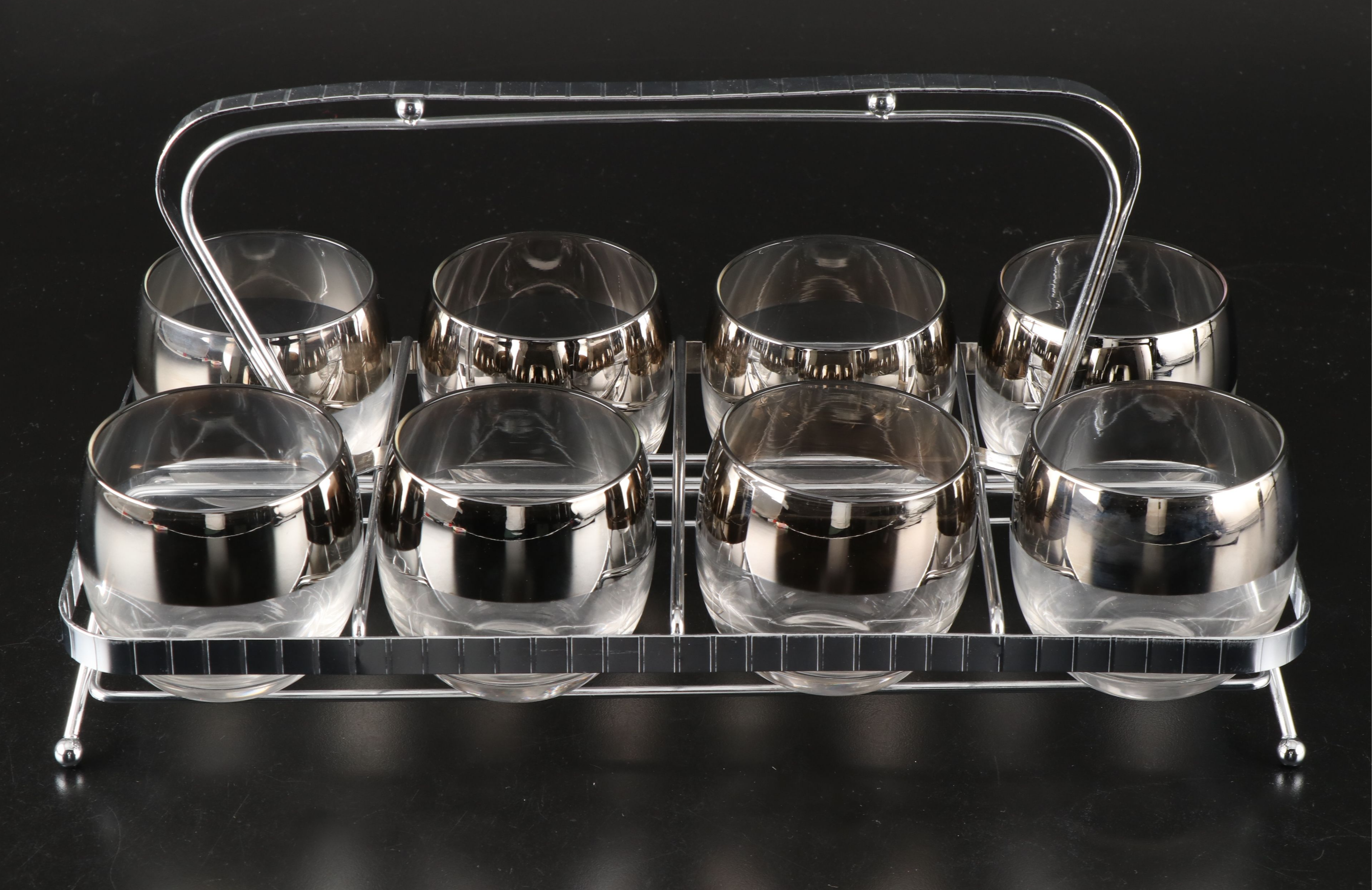 Mid Century Modern Dorothy Thorpe Style Roly Poly and Highball Glasses in Caddy