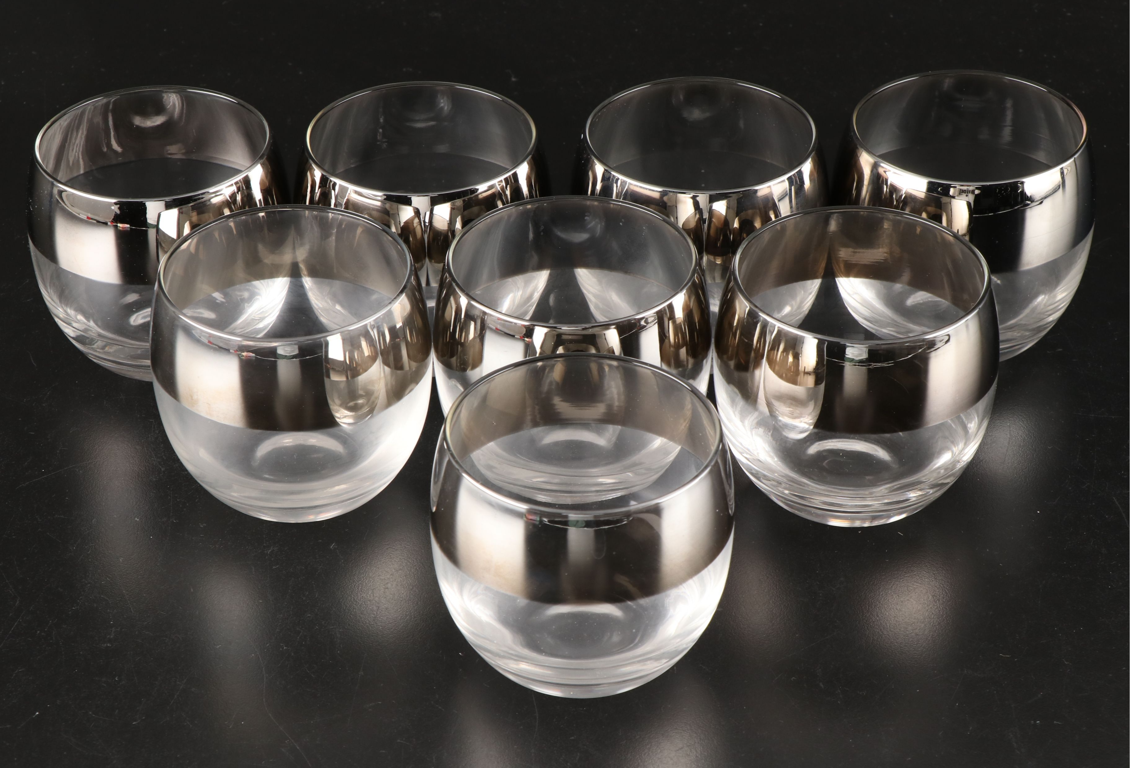 Mid Century Modern Dorothy Thorpe Style Roly Poly and Highball Glasses in Caddy