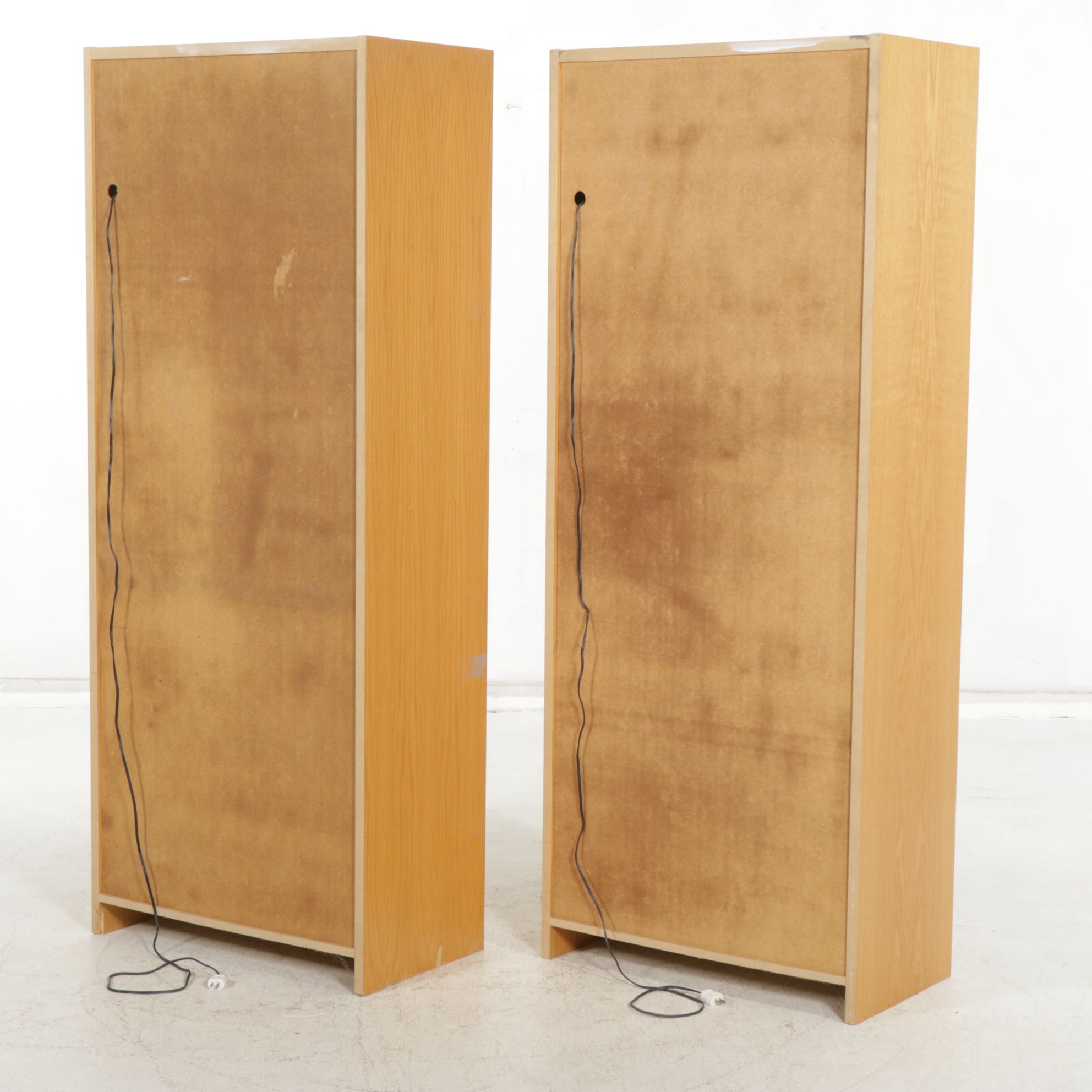 Two Oak Grain Finished Wall Unit Cabinets with Illuminated Display Shelves