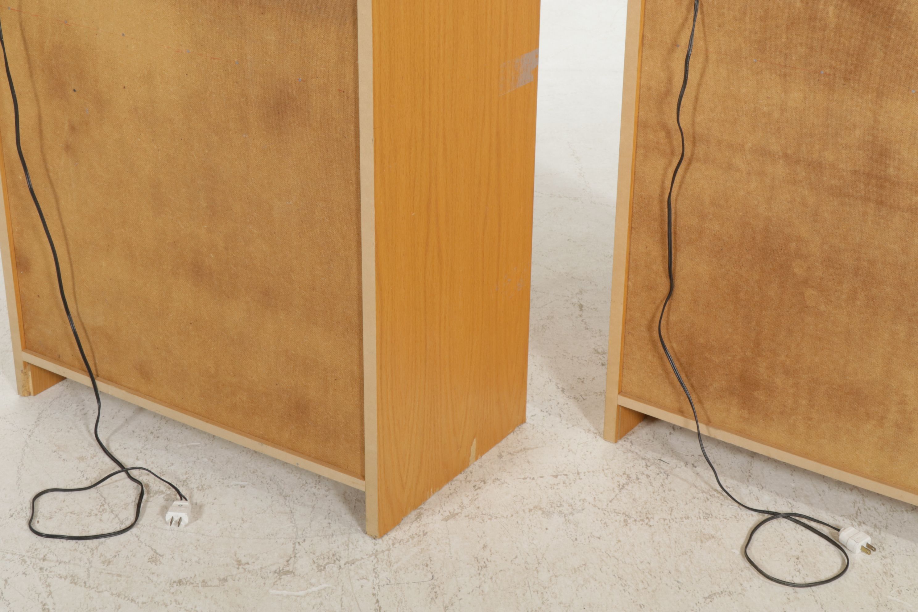 Two Oak Grain Finished Wall Unit Cabinets with Illuminated Display Shelves