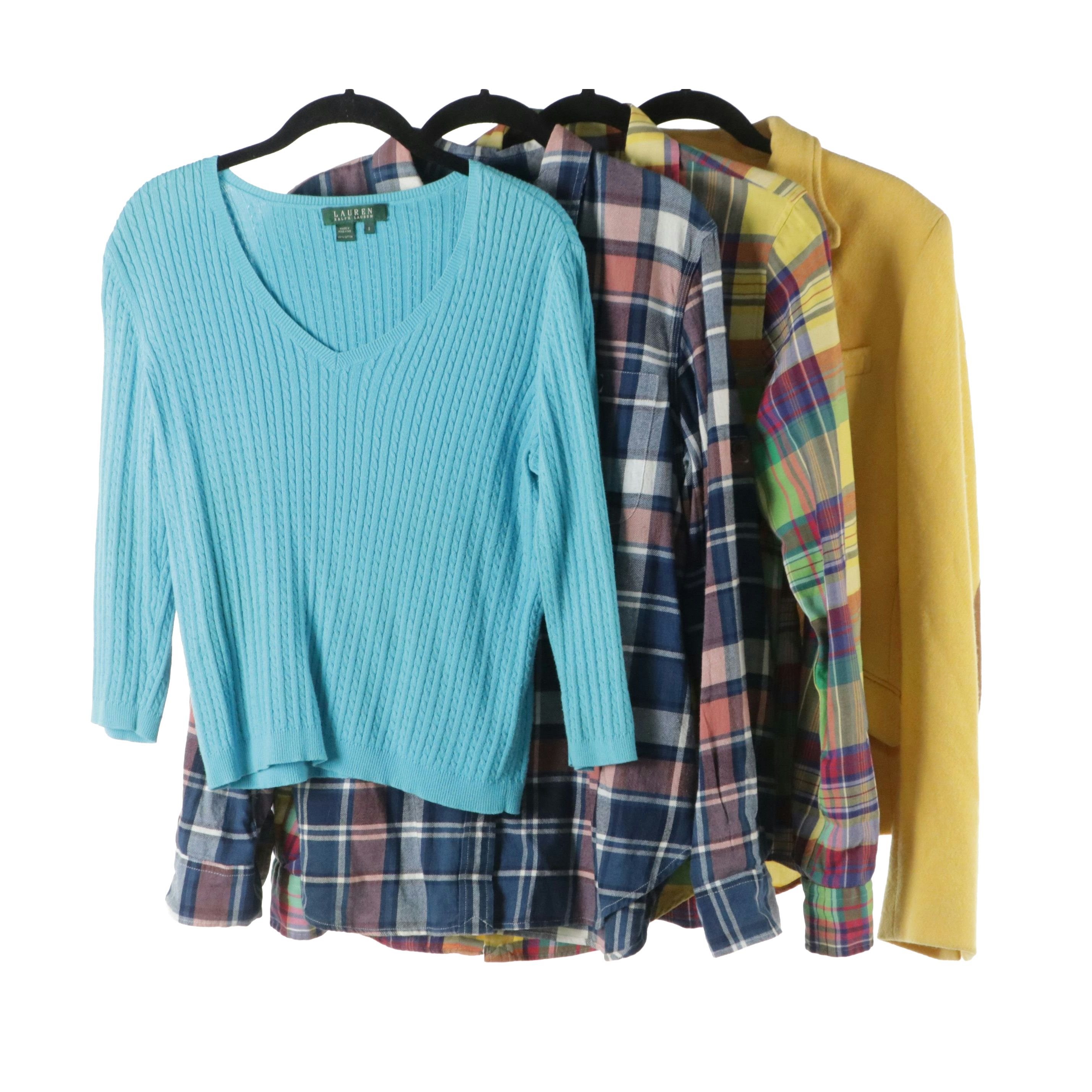 Polo Ralph Lauren Yellow Wool Blazer, V-Neck Top and Plaid Button Down Tops