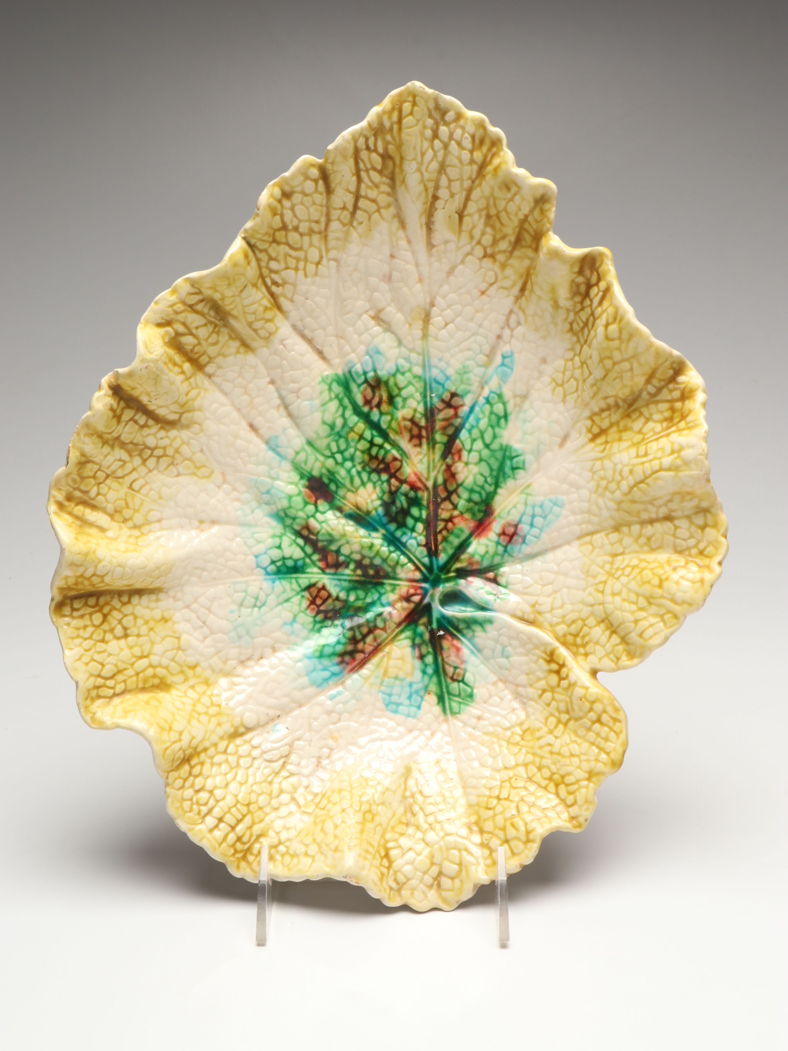 Italian Majolica Leaf Dish with Royal Vienna Style Satyar Handled Vase