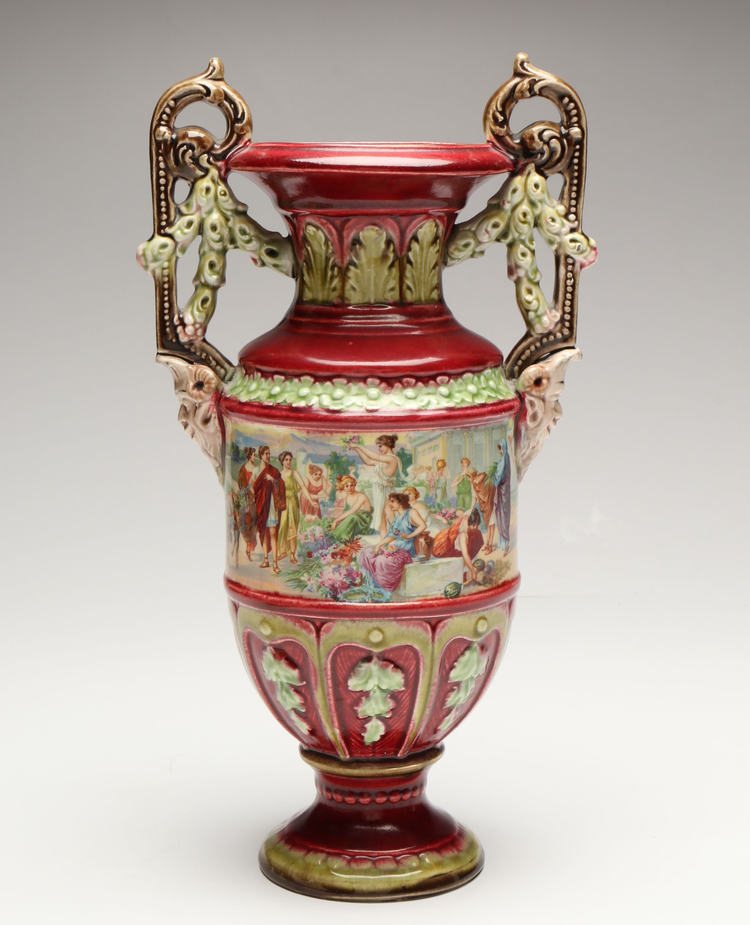 Italian Majolica Leaf Dish with Royal Vienna Style Satyar Handled Vase