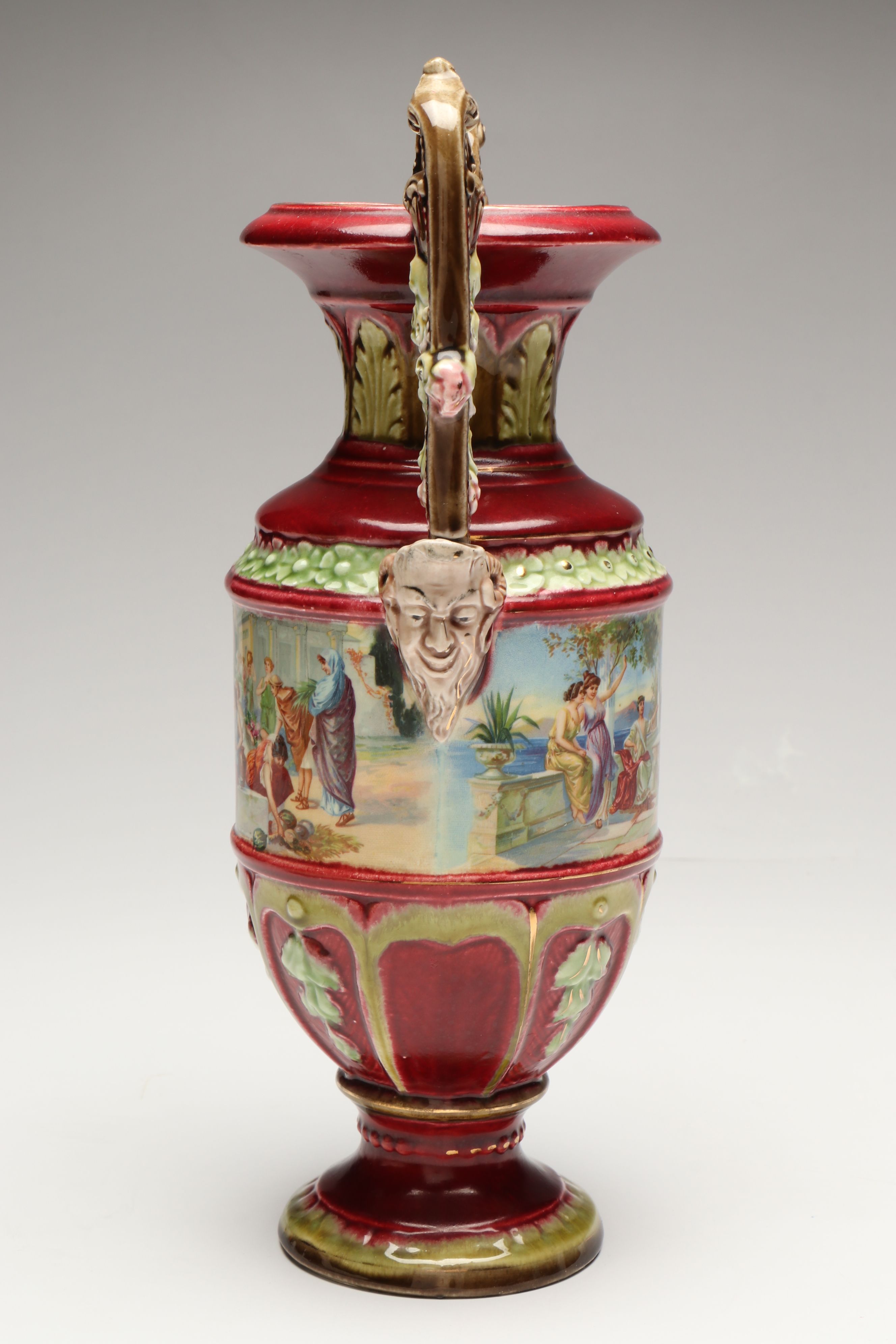 Italian Majolica Leaf Dish with Royal Vienna Style Satyar Handled Vase