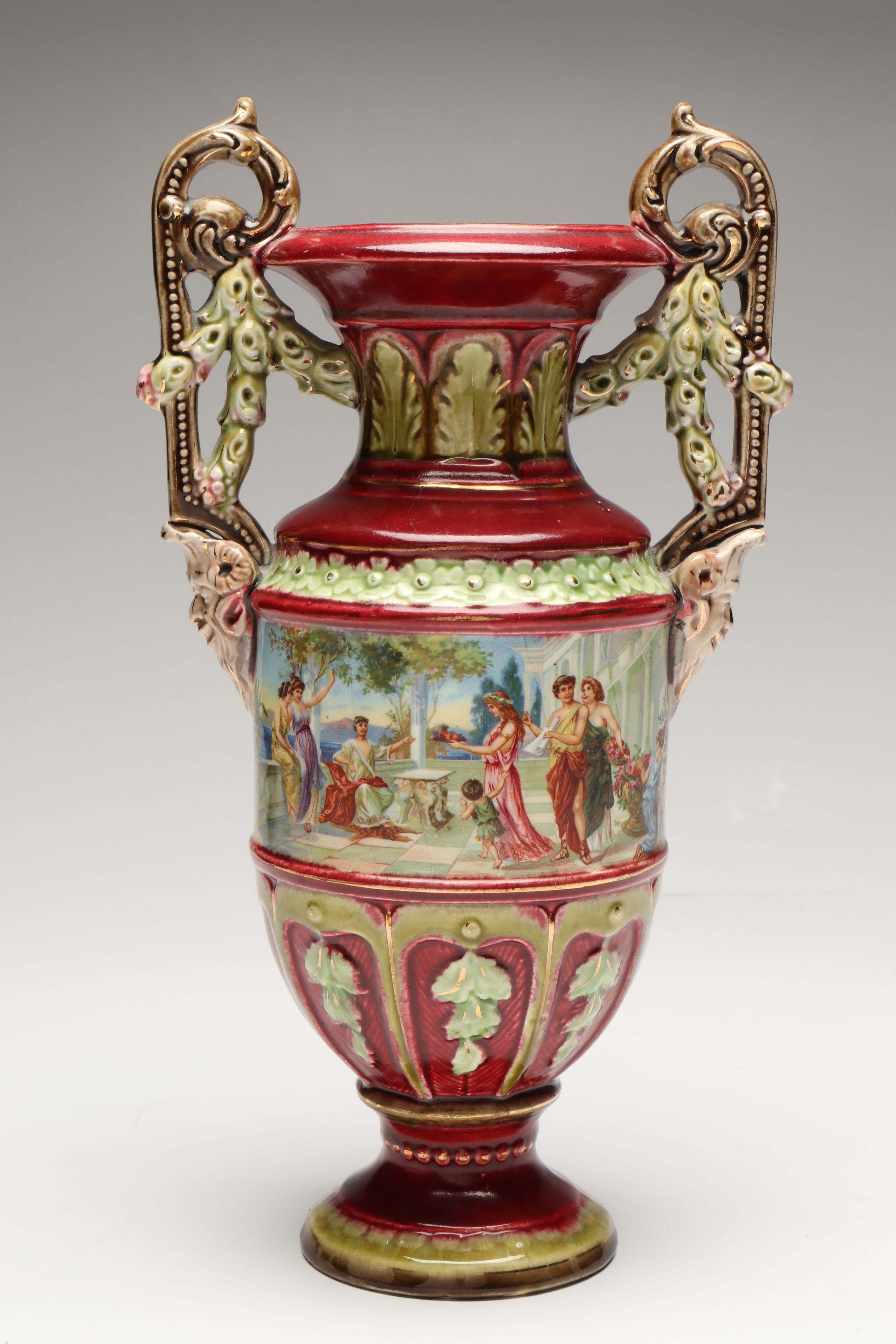 Italian Majolica Leaf Dish with Royal Vienna Style Satyar Handled Vase