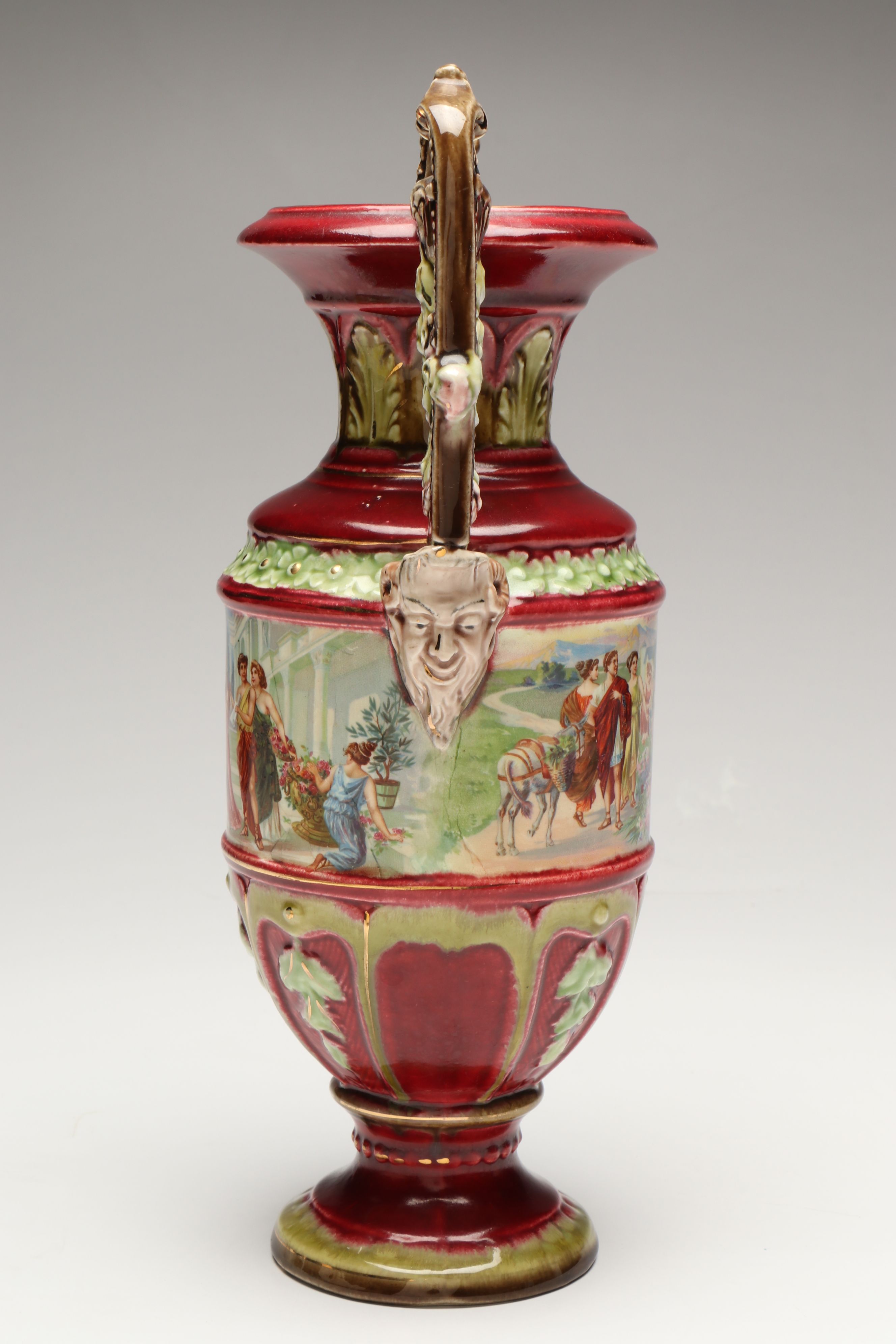 Italian Majolica Leaf Dish with Royal Vienna Style Satyar Handled Vase