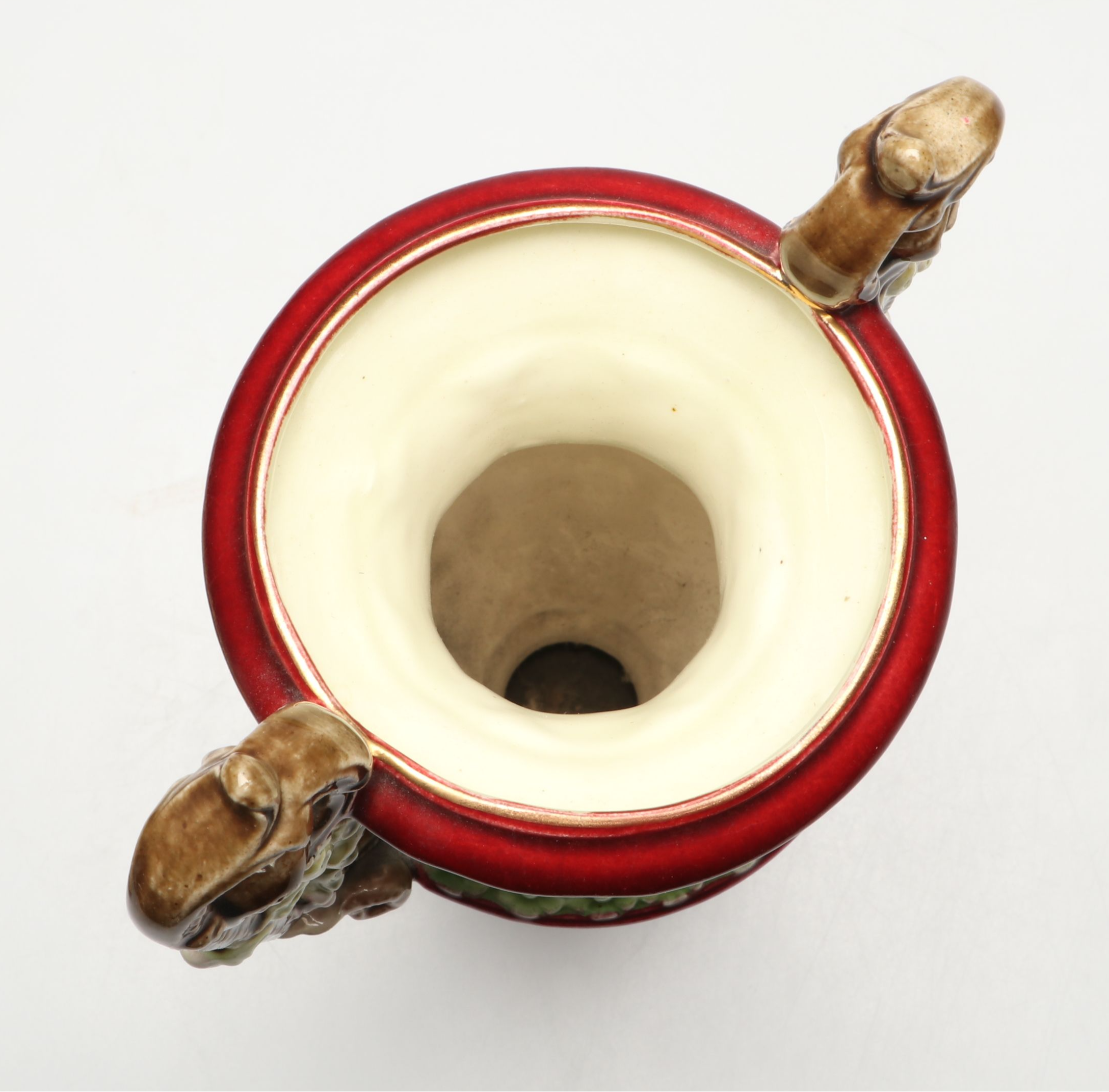 Italian Majolica Leaf Dish with Royal Vienna Style Satyar Handled Vase