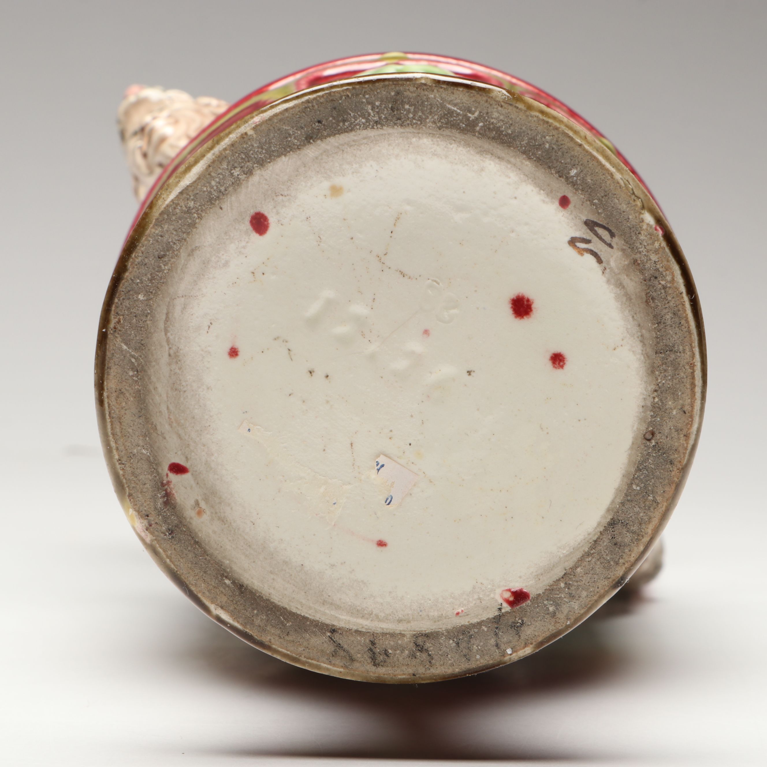 Italian Majolica Leaf Dish with Royal Vienna Style Satyar Handled Vase