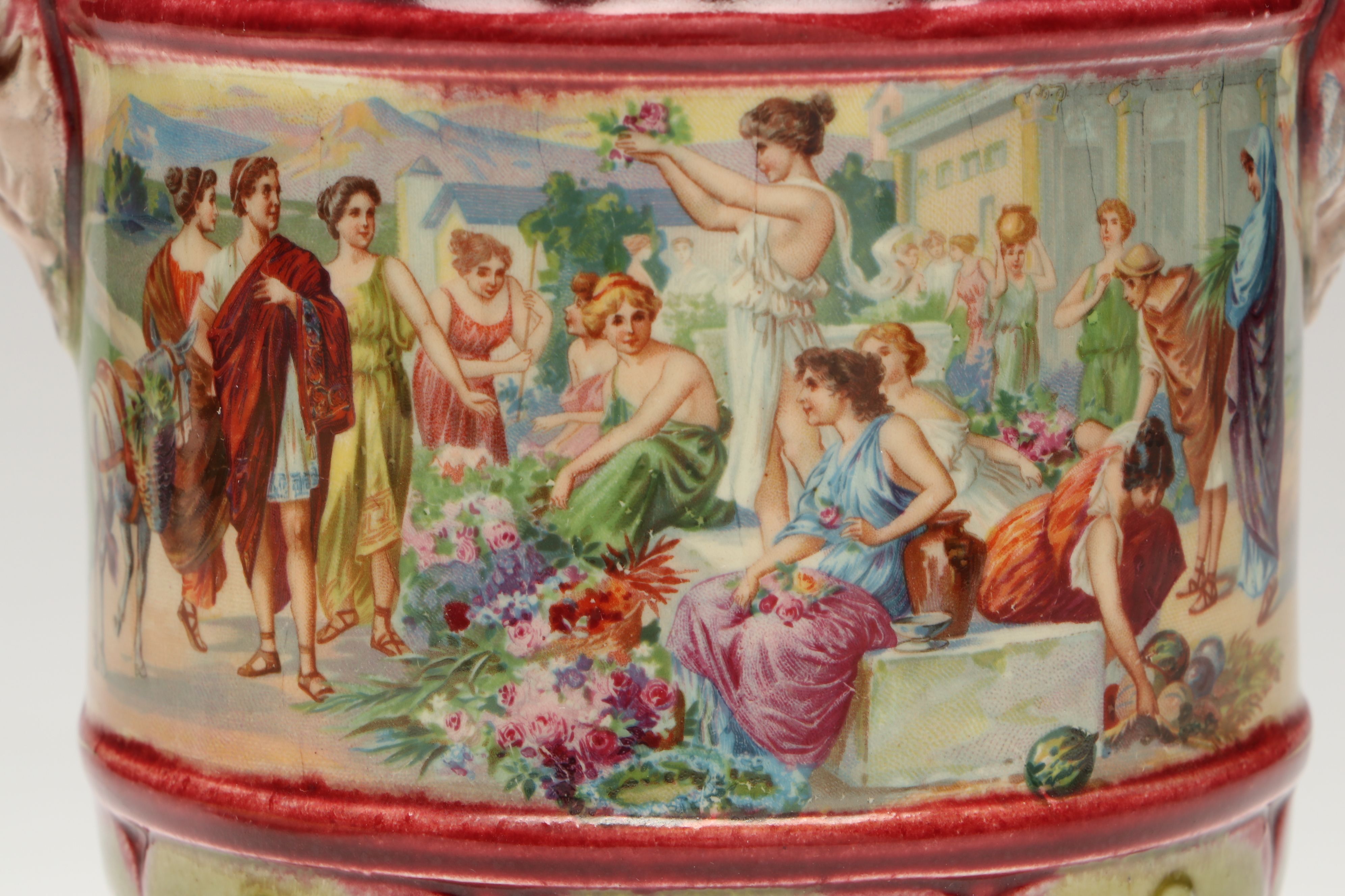 Italian Majolica Leaf Dish with Royal Vienna Style Satyar Handled Vase