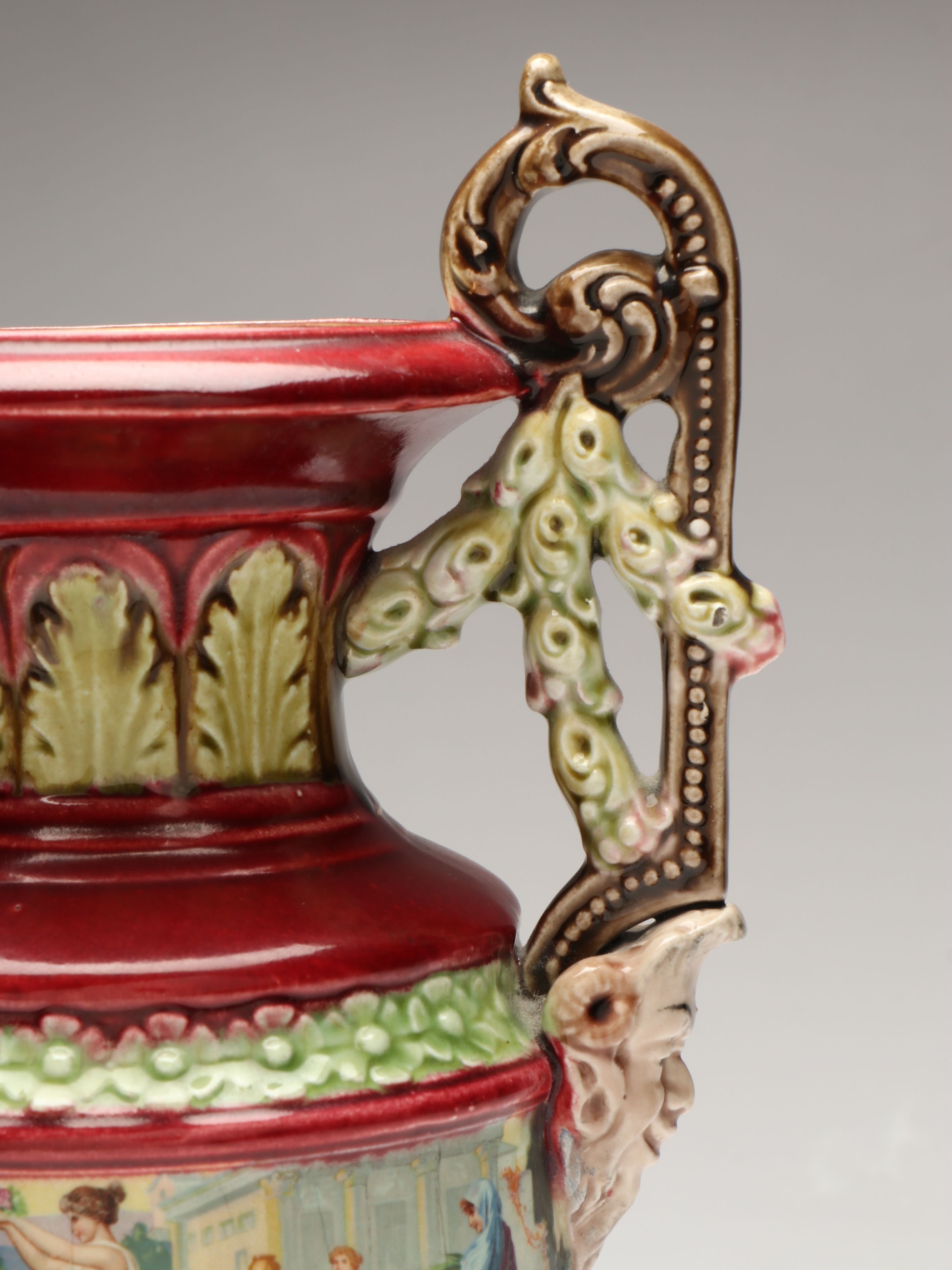 Italian Majolica Leaf Dish with Royal Vienna Style Satyar Handled Vase