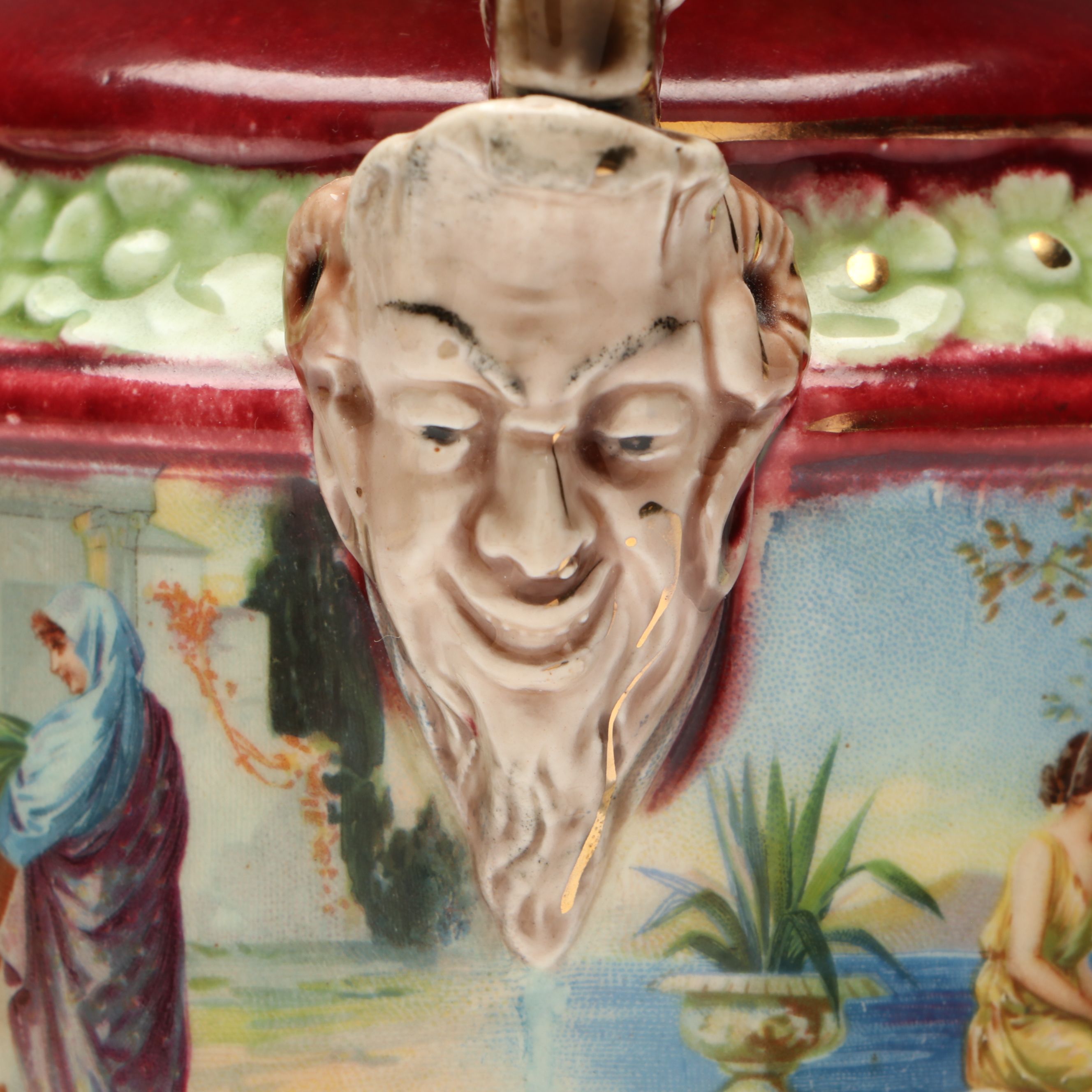 Italian Majolica Leaf Dish with Royal Vienna Style Satyar Handled Vase