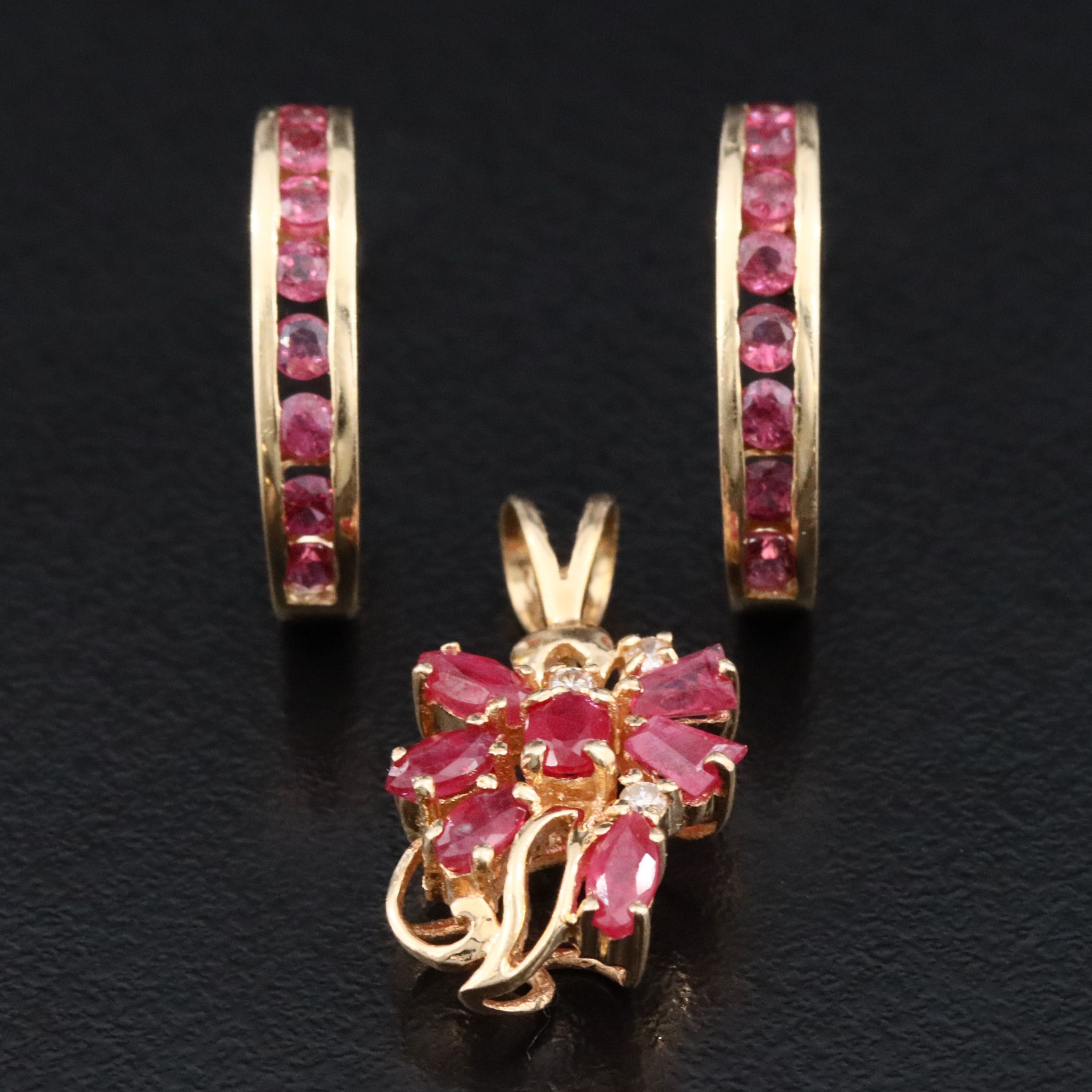 14K Ruby and Diamond J Hoop Earrings and Pendant