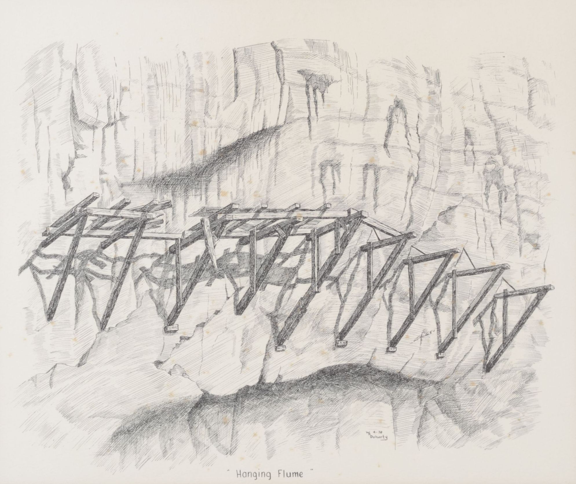 W.R. Doherty Etching of Mining Scaffolding Structure "Hanging Flume", 1970