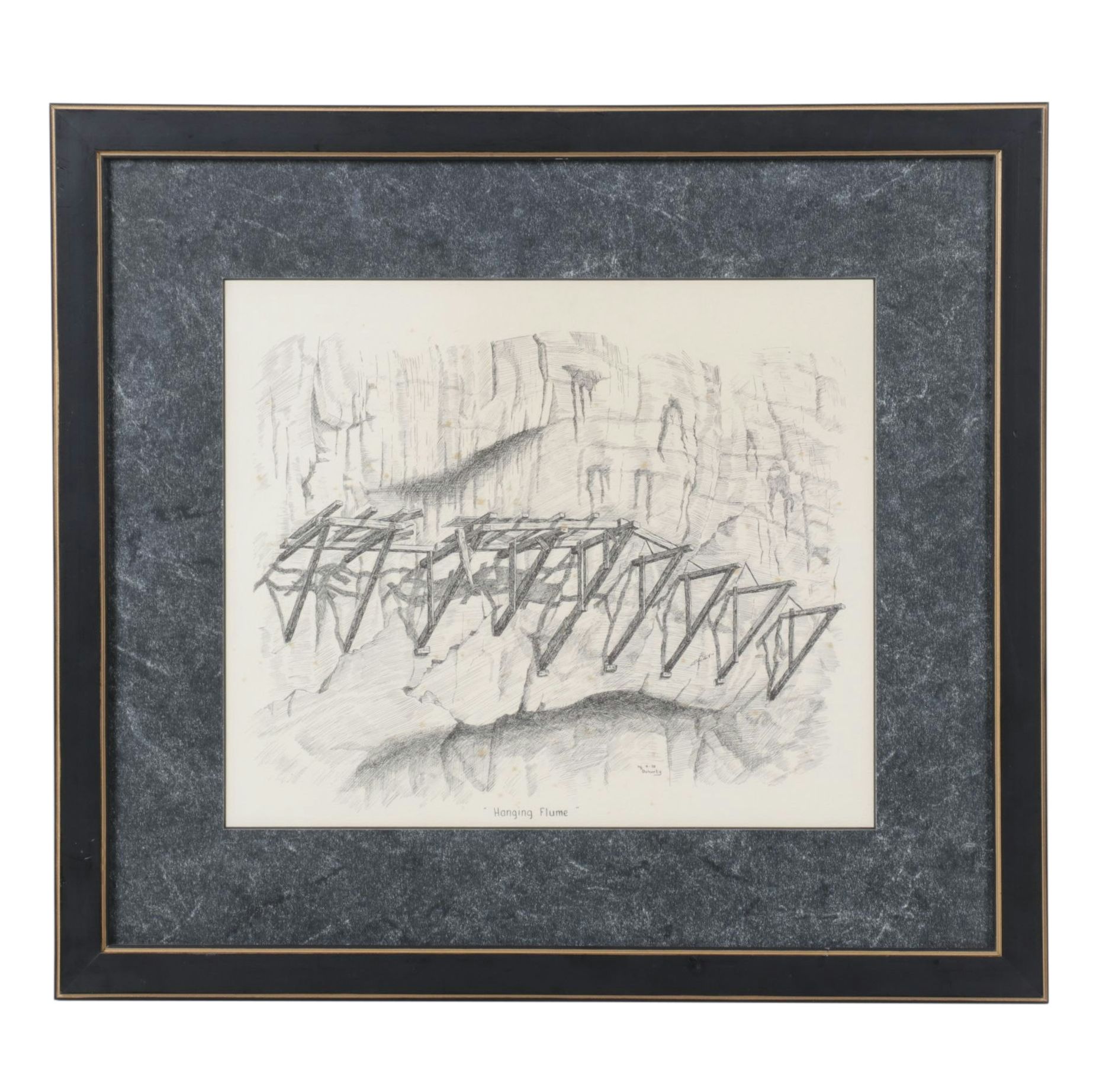 W.R. Doherty Etching of Mining Scaffolding Structure "Hanging Flume", 1970