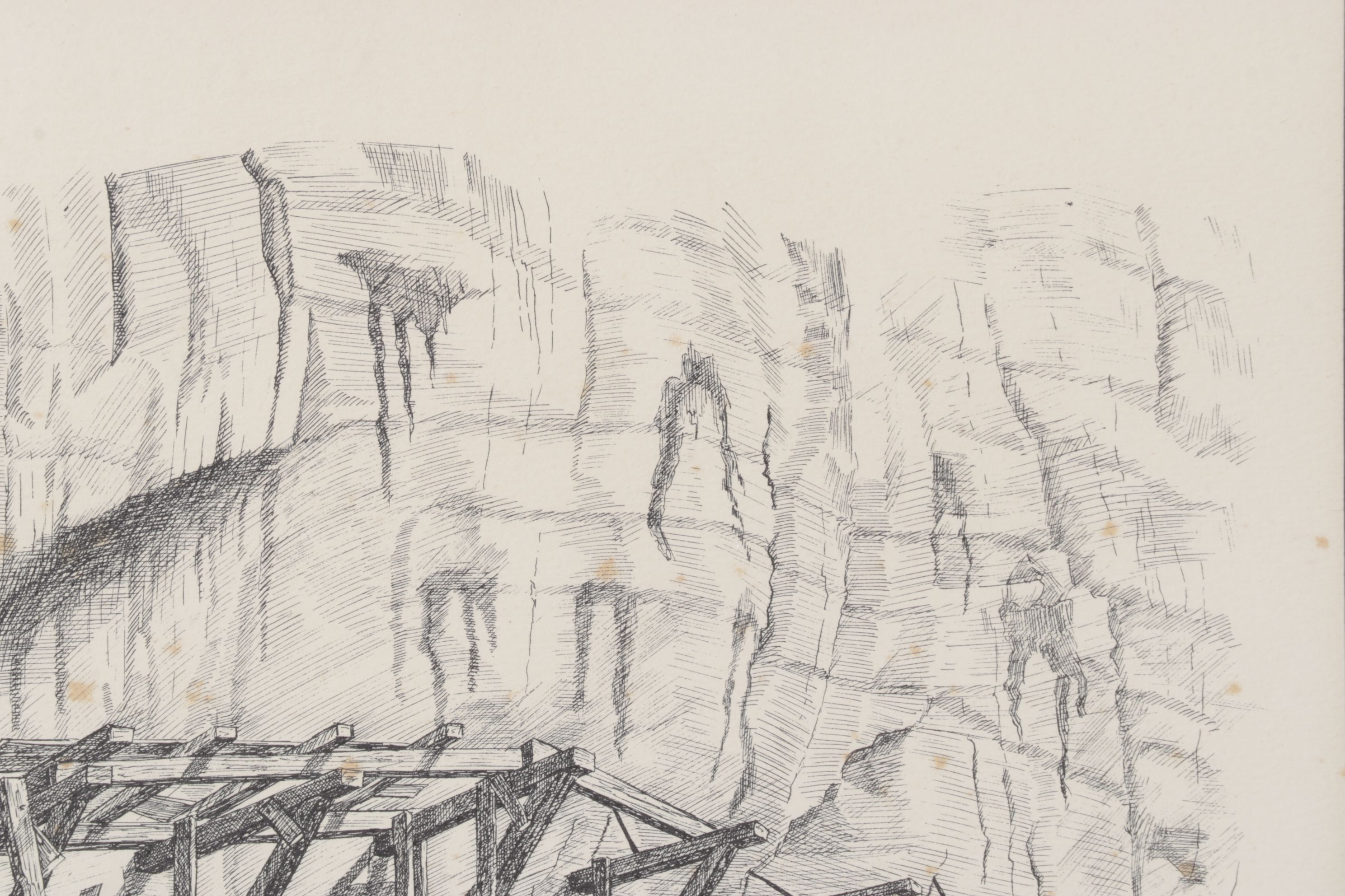 W.R. Doherty Etching of Mining Scaffolding Structure "Hanging Flume", 1970