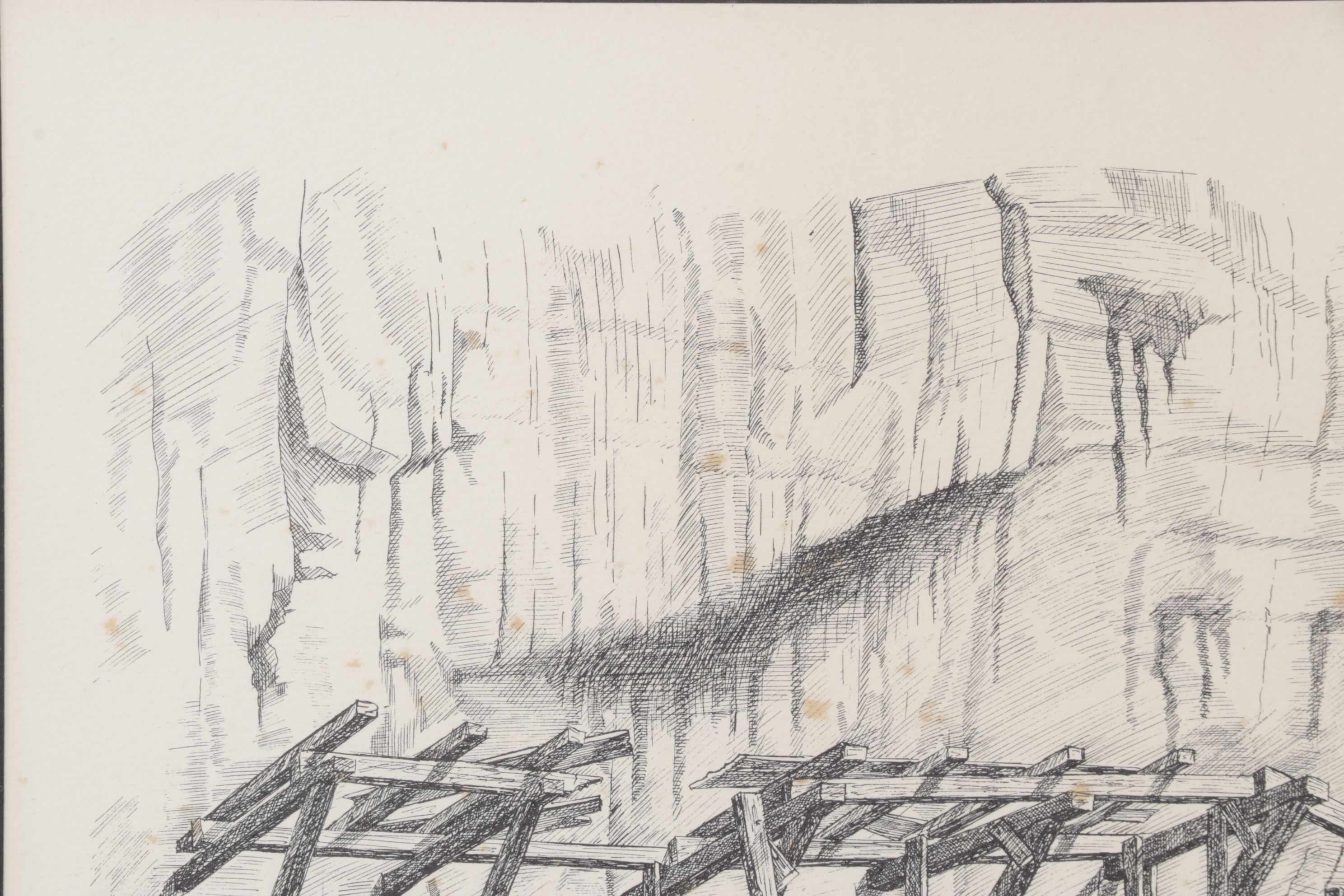 W.R. Doherty Etching of Mining Scaffolding Structure "Hanging Flume", 1970