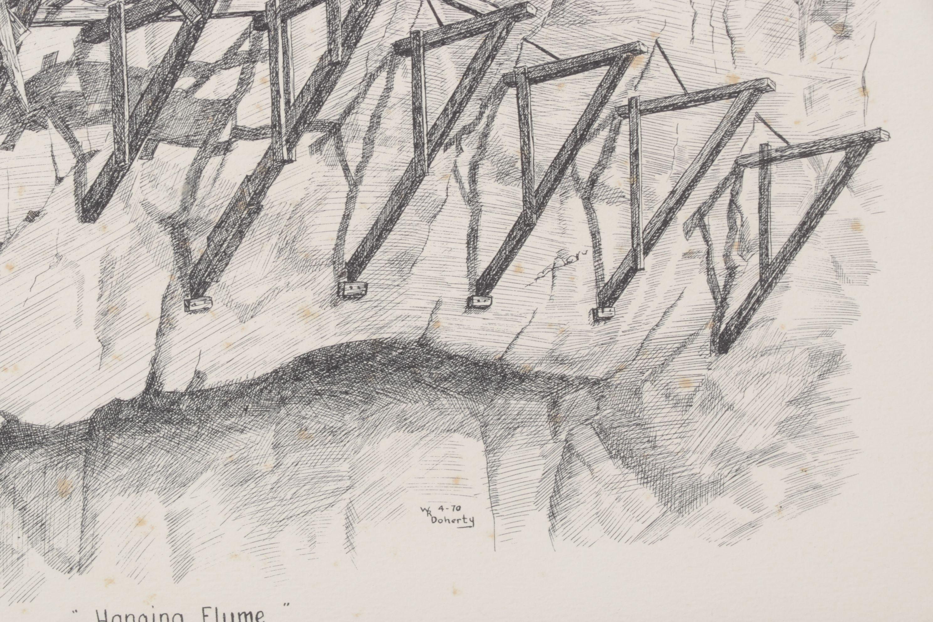 W.R. Doherty Etching of Mining Scaffolding Structure "Hanging Flume", 1970