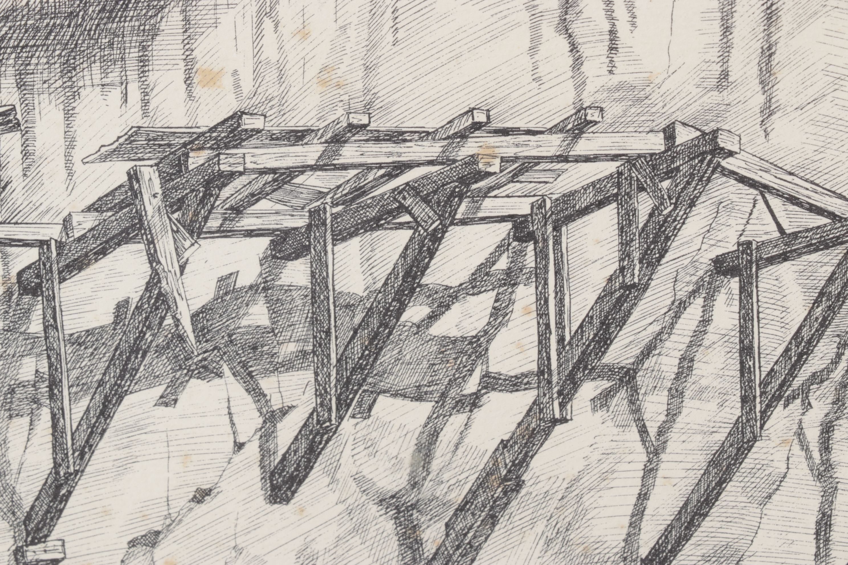 W.R. Doherty Etching of Mining Scaffolding Structure "Hanging Flume", 1970