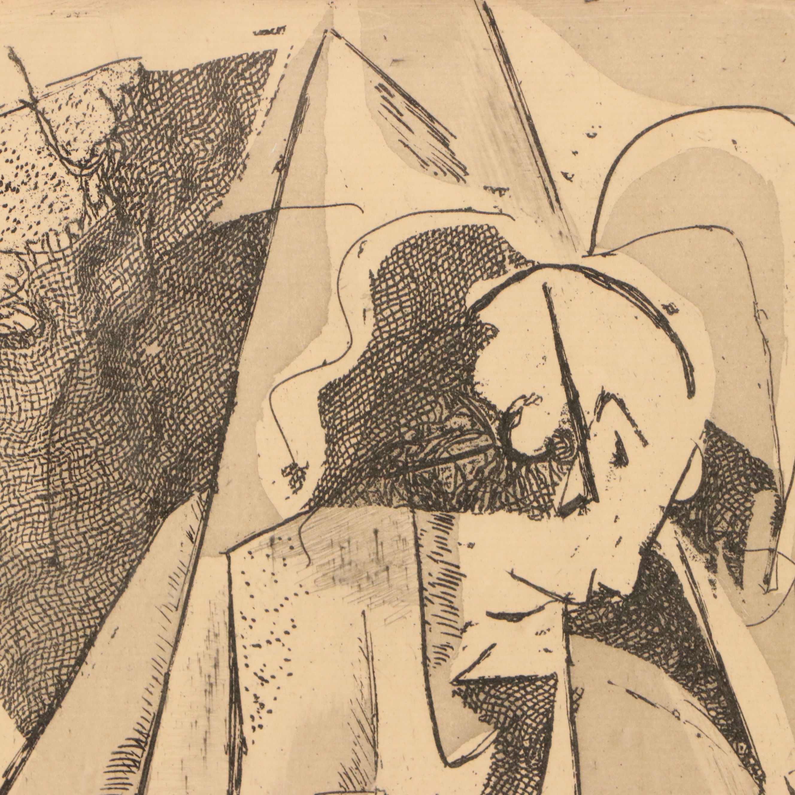 Cubist Style Mixed Technique Ink Composition, 1940s