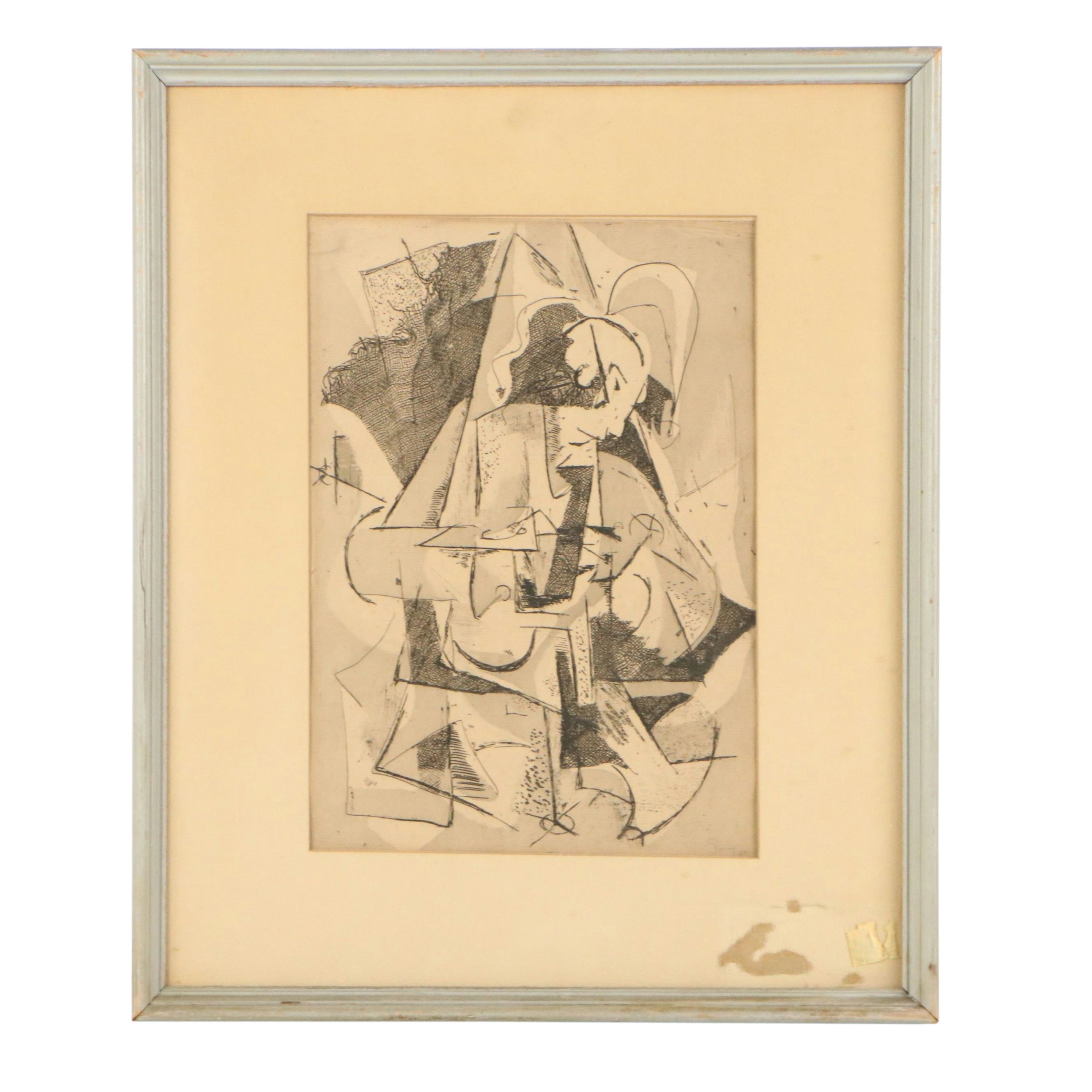 Cubist Style Mixed Technique Ink Composition, 1940s