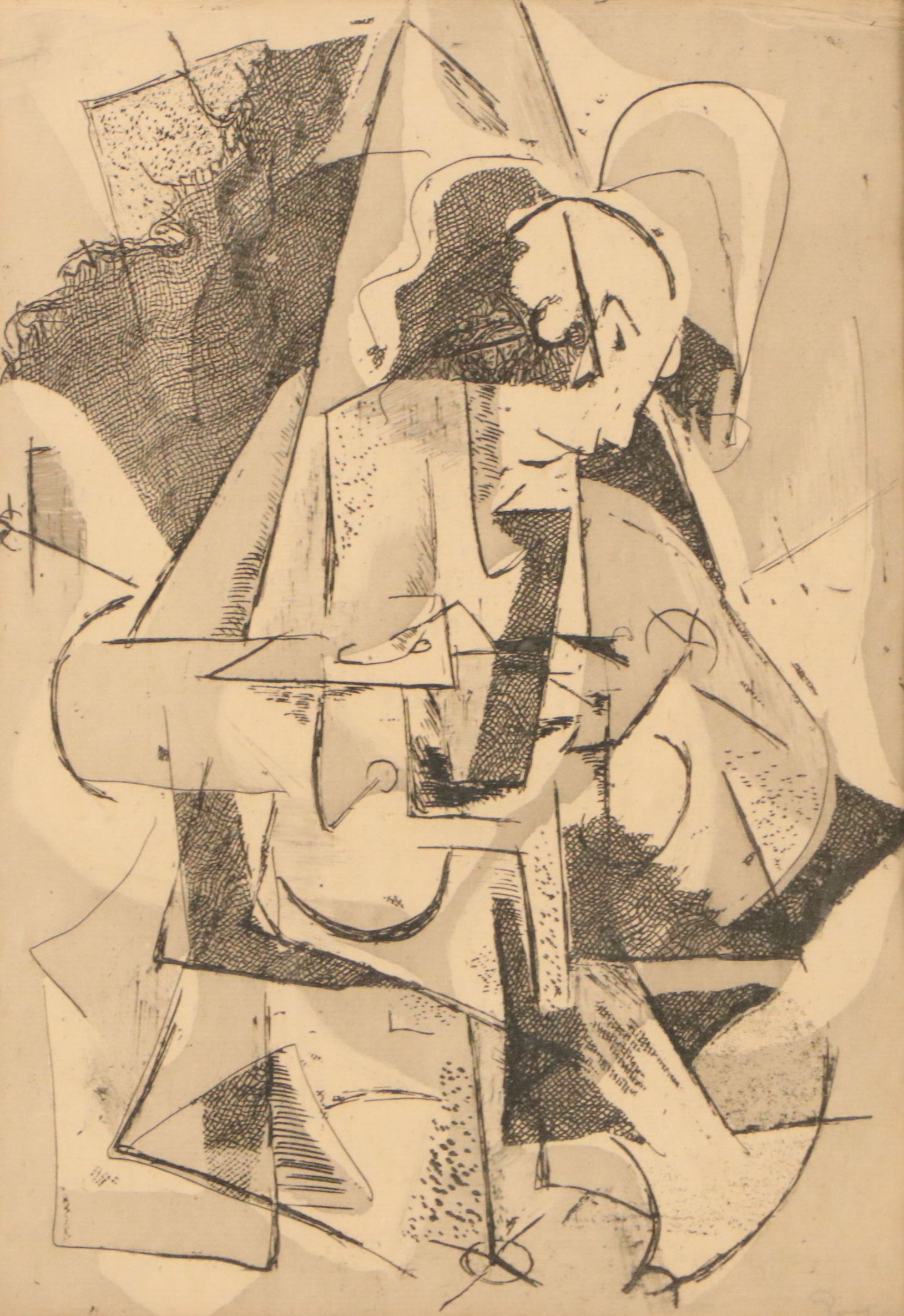 Cubist Style Mixed Technique Ink Composition, 1940s