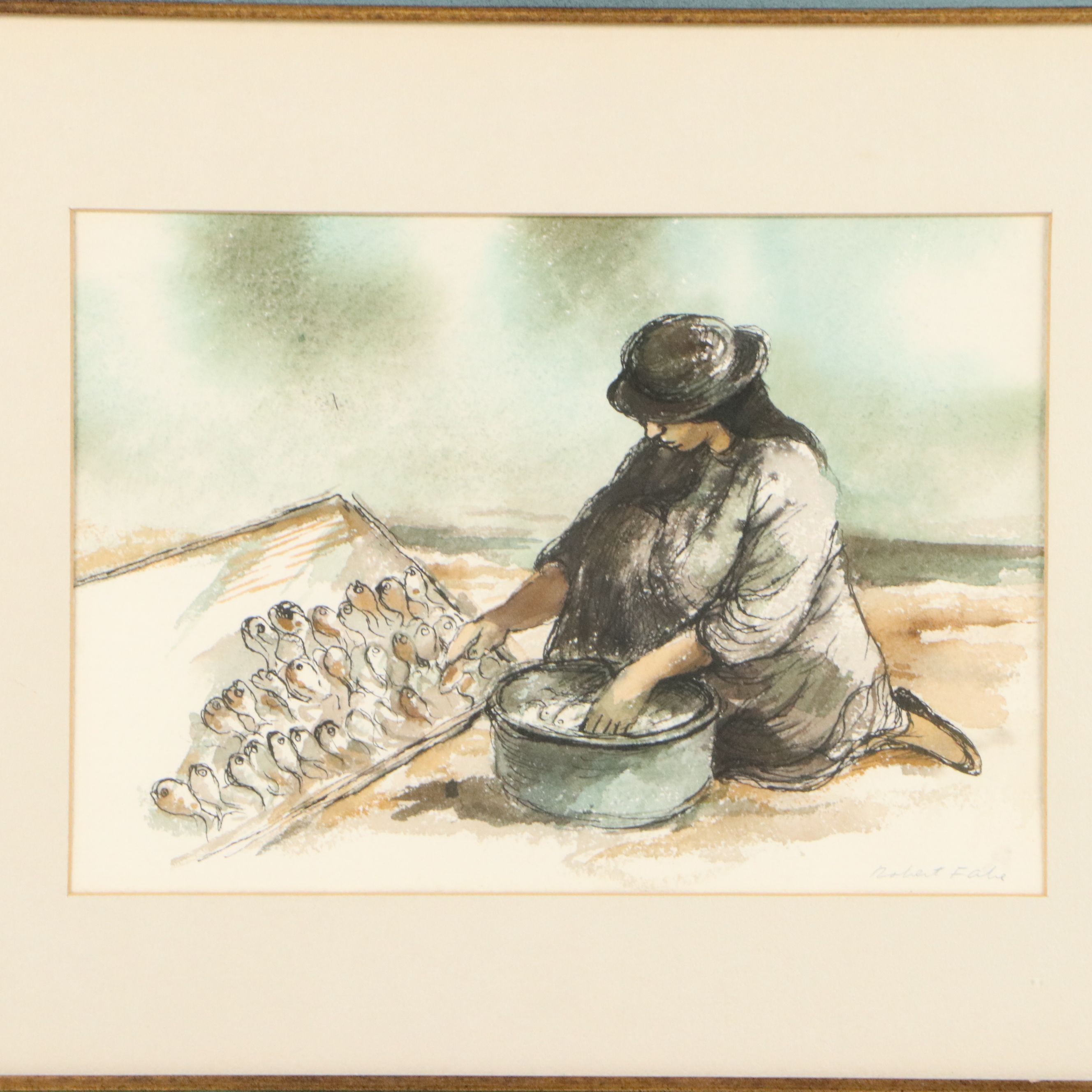 Robert Fabe Watercolor Painting of Fishwife, Mid-20th Century