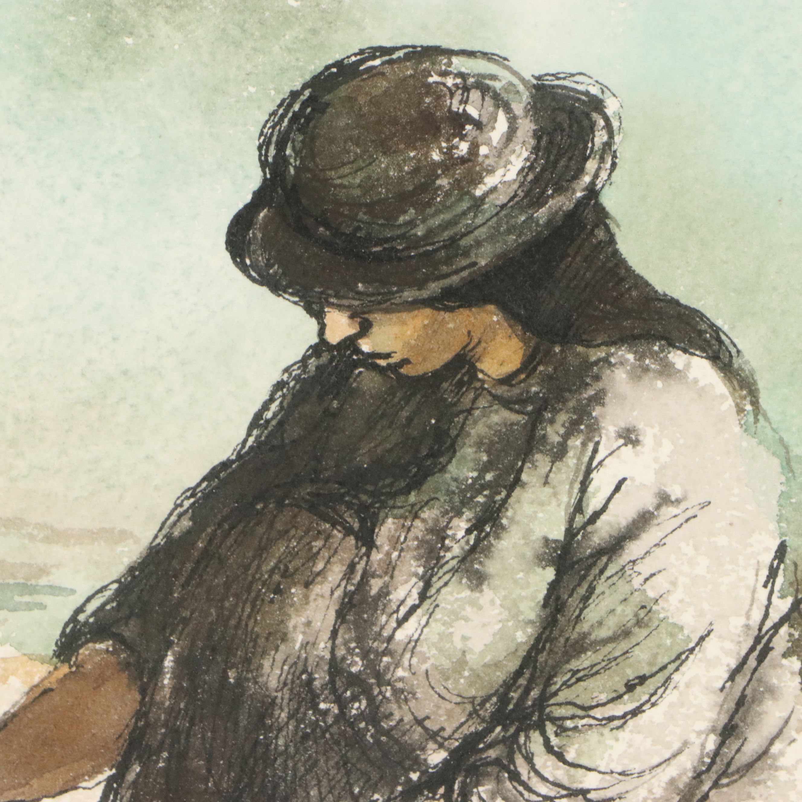 Robert Fabe Watercolor Painting of Fishwife, Mid-20th Century